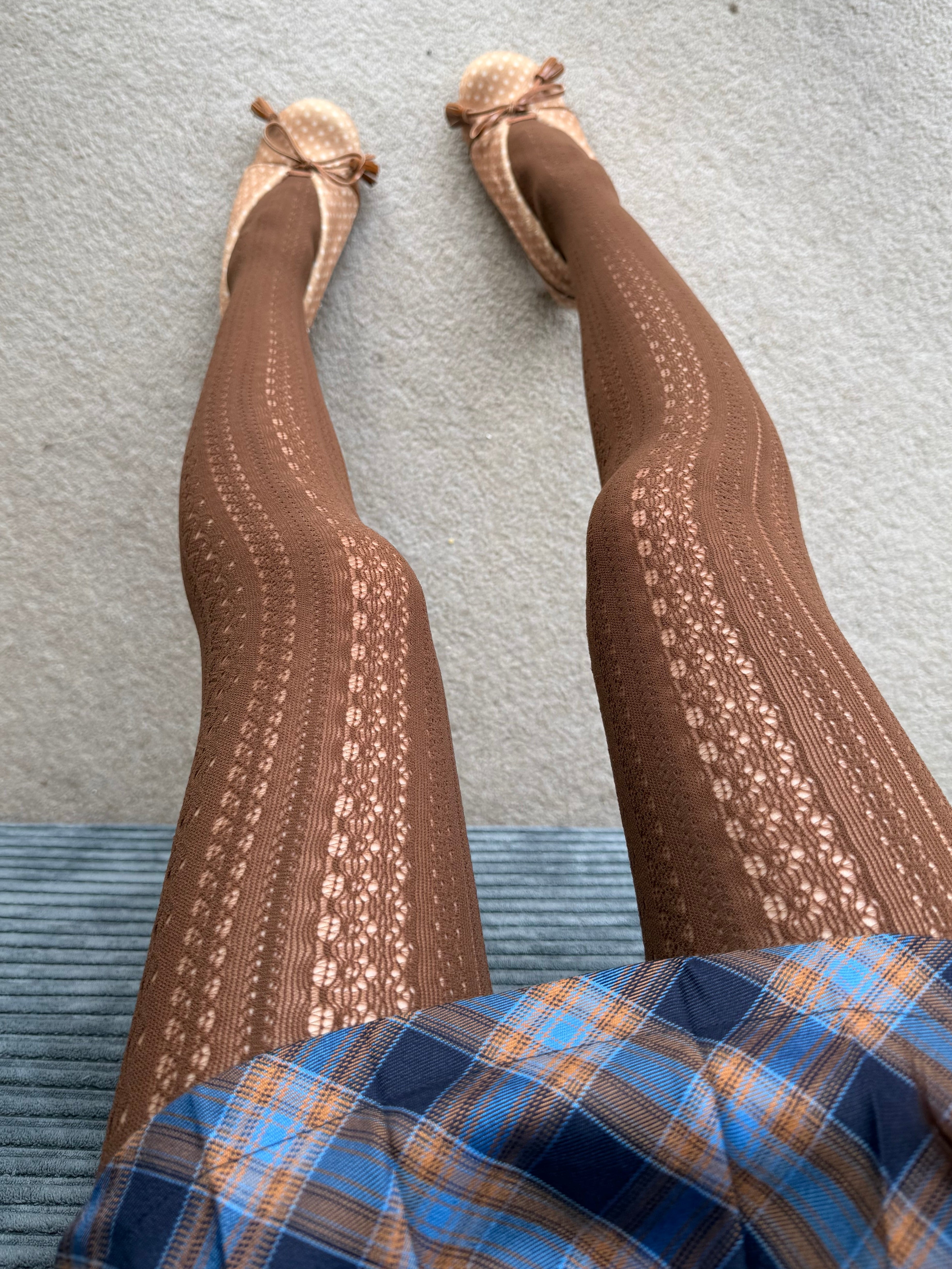 Chocolate Brown Pointelle Stripe Fishnet Tights