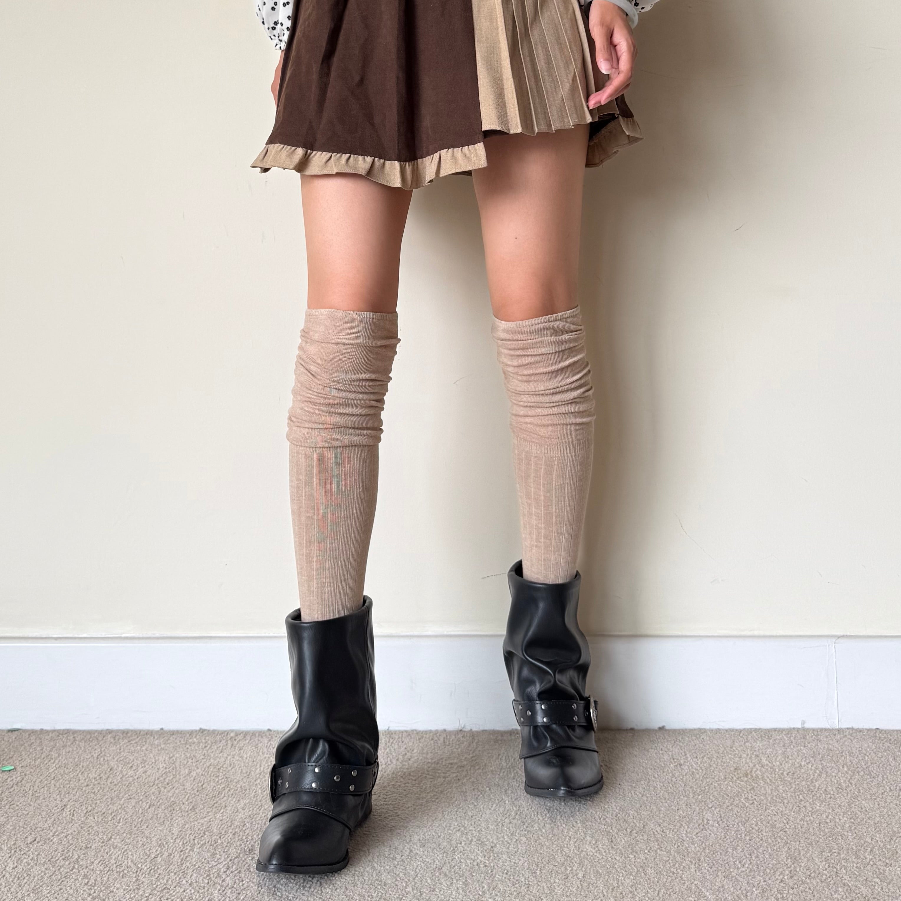 Oatmeal Brown Striped Knee High Socks with Slouchy Trim (64cm)