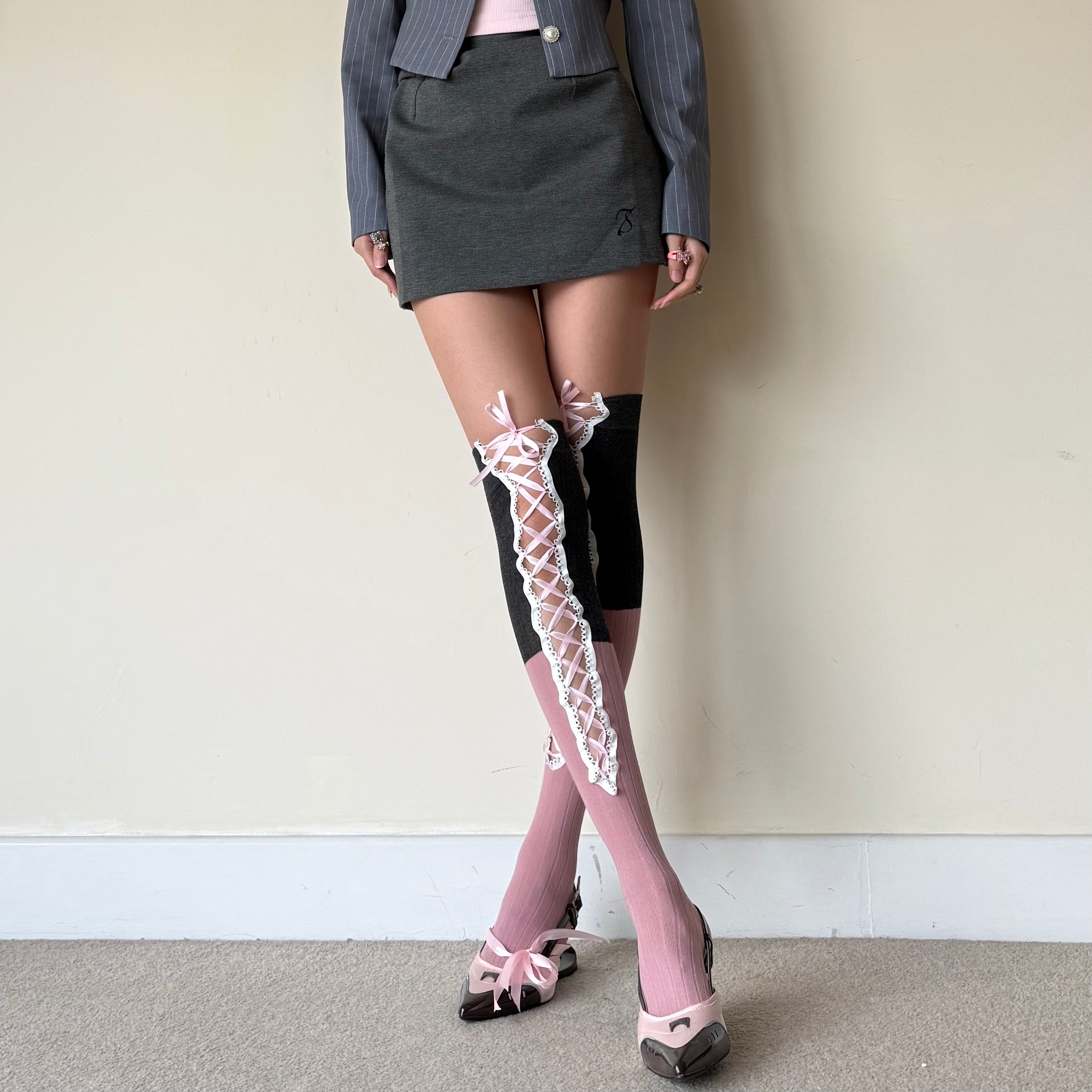 Two-Tone Dark Grey & Pink Corset Lace-Up Thigh High Cotton Socks