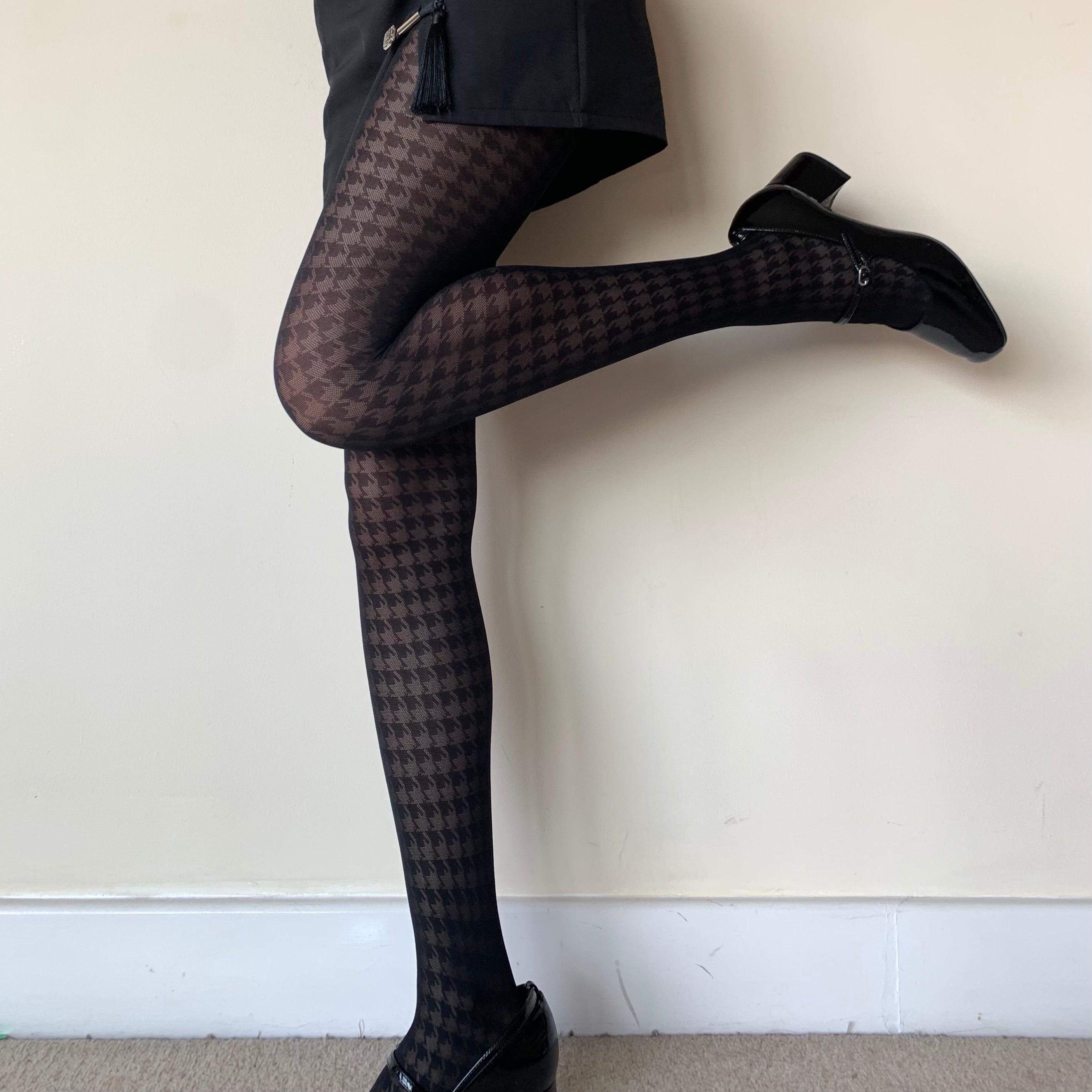 Black Houndstooth Sheer Lace Tights 30D