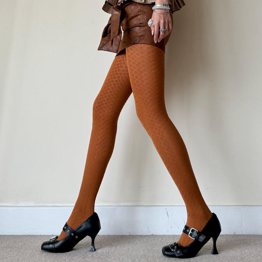 Cinnamon Orange Velvet 3D Crisscross Pattern Tights 110D - tights