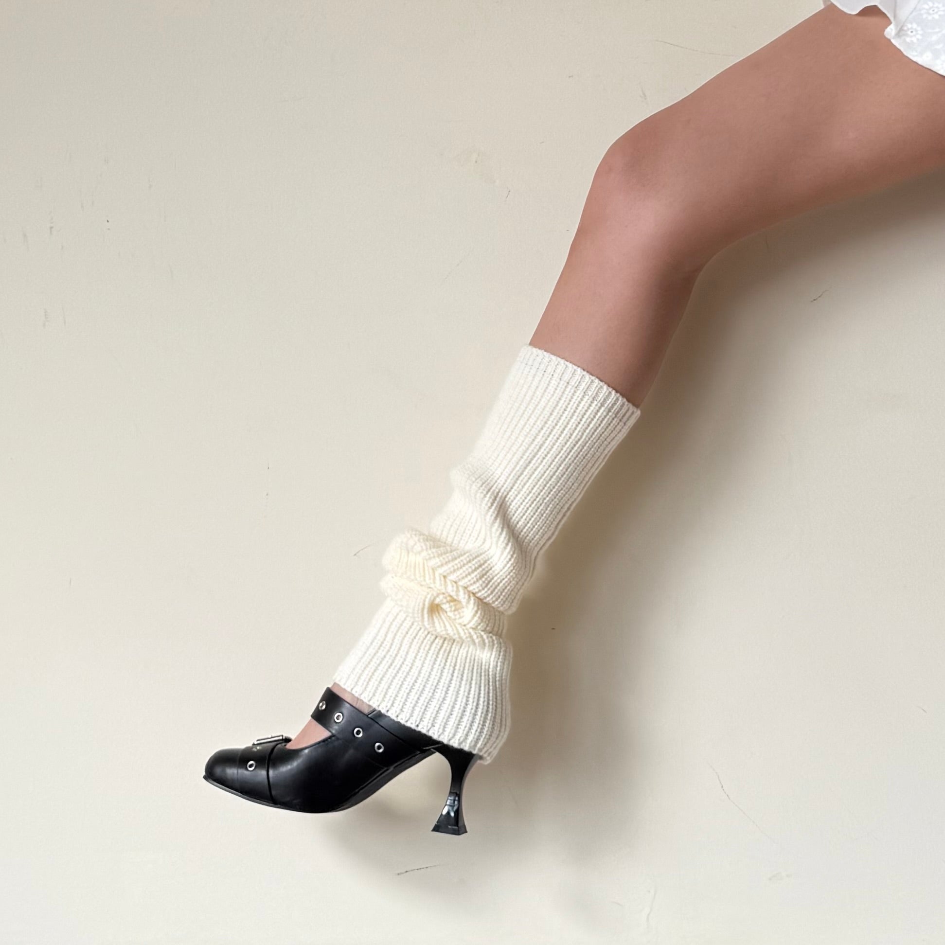 Cream White Wool Blend Striped Slouchy Leg Warmers (approx. 42 cm)