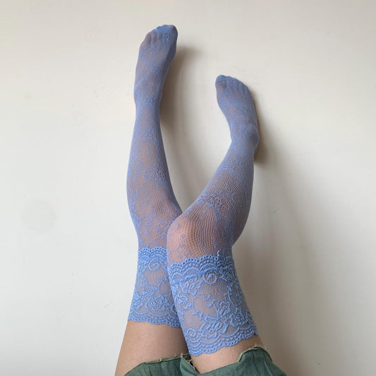 Blue Thigh High Hold-up Rose Pattern Fishnet Stockings with Lace Trim - stockings