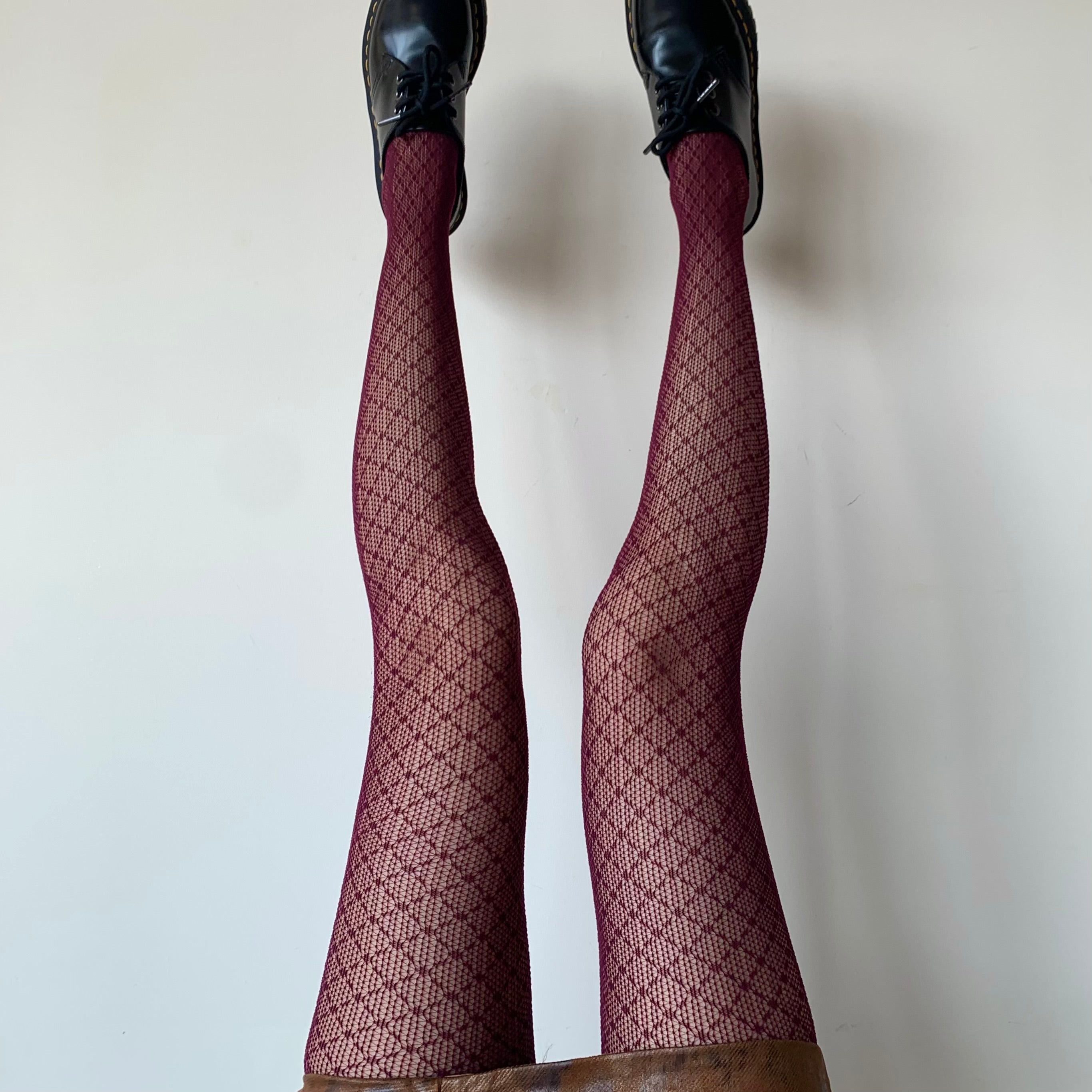 Burgundy Red Crisscross Fishnet Tights