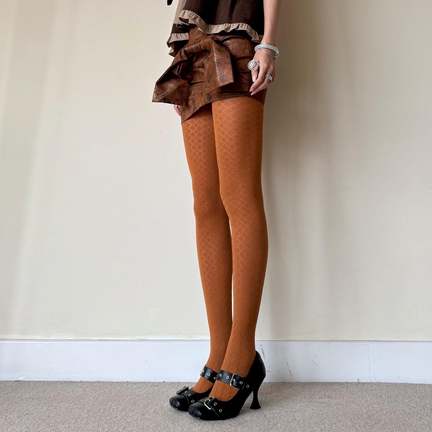 Cinnamon Orange Velvet 3D Crisscross Pattern Tights 110D - tights