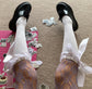 Knee-high Velvet Socks with Satin Ruffled Top and Bow Tie - socks