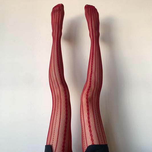 Red Geometric Stripped Fishnet Tights