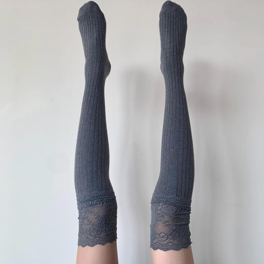 Thigh High Socks with Floral Pattern Lace Trim