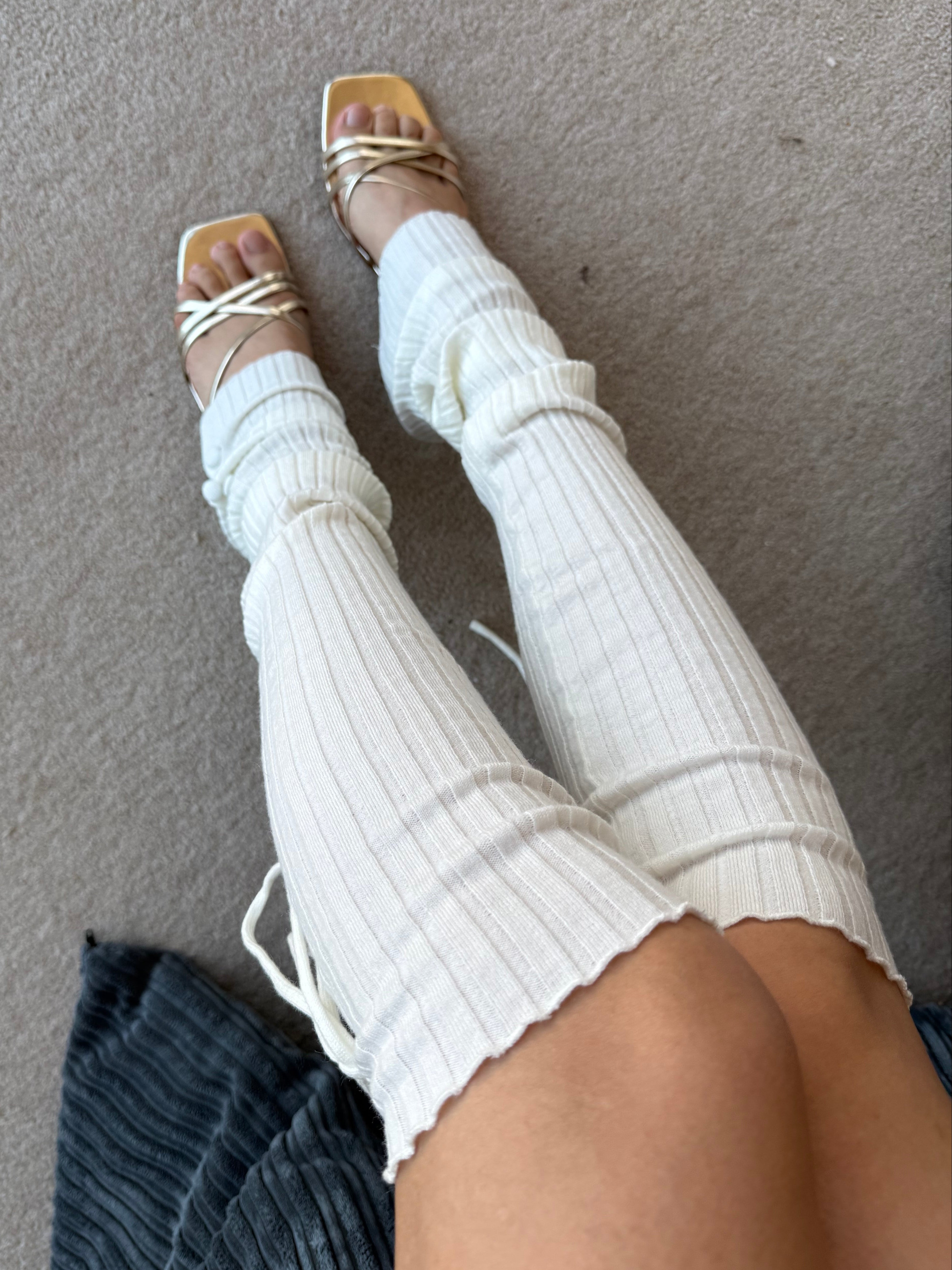 White Balletcore Ribbed Wool Blend Leg Warmers with Side Tie & Button Detail