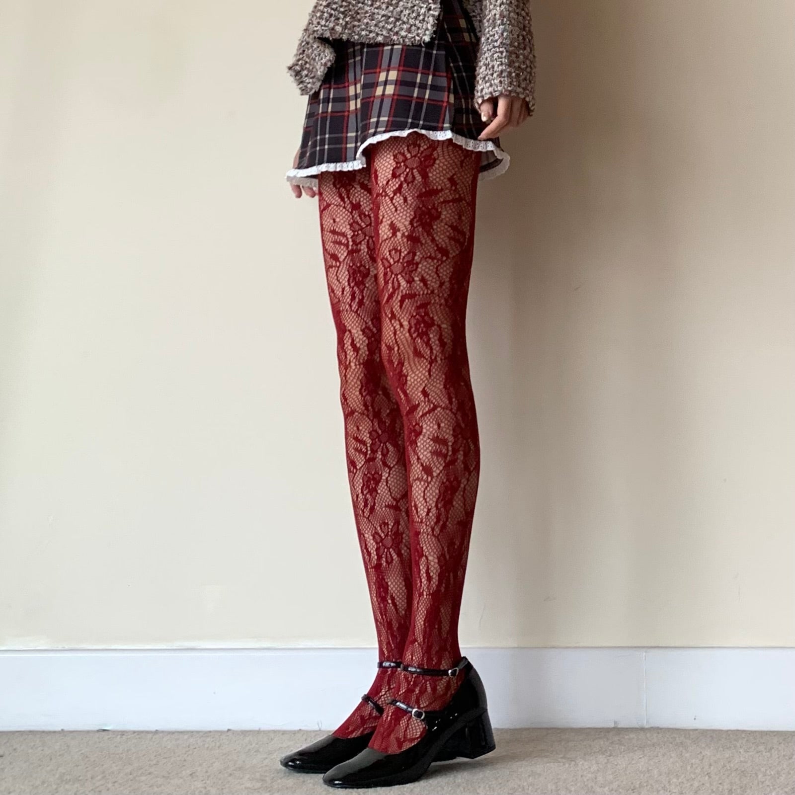 Burgundy Flora Fishnet Tights