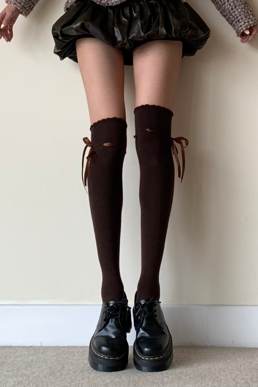 Brown Knee-high Cotton Socks with Ruffle Trim & Side Ribbon Ties