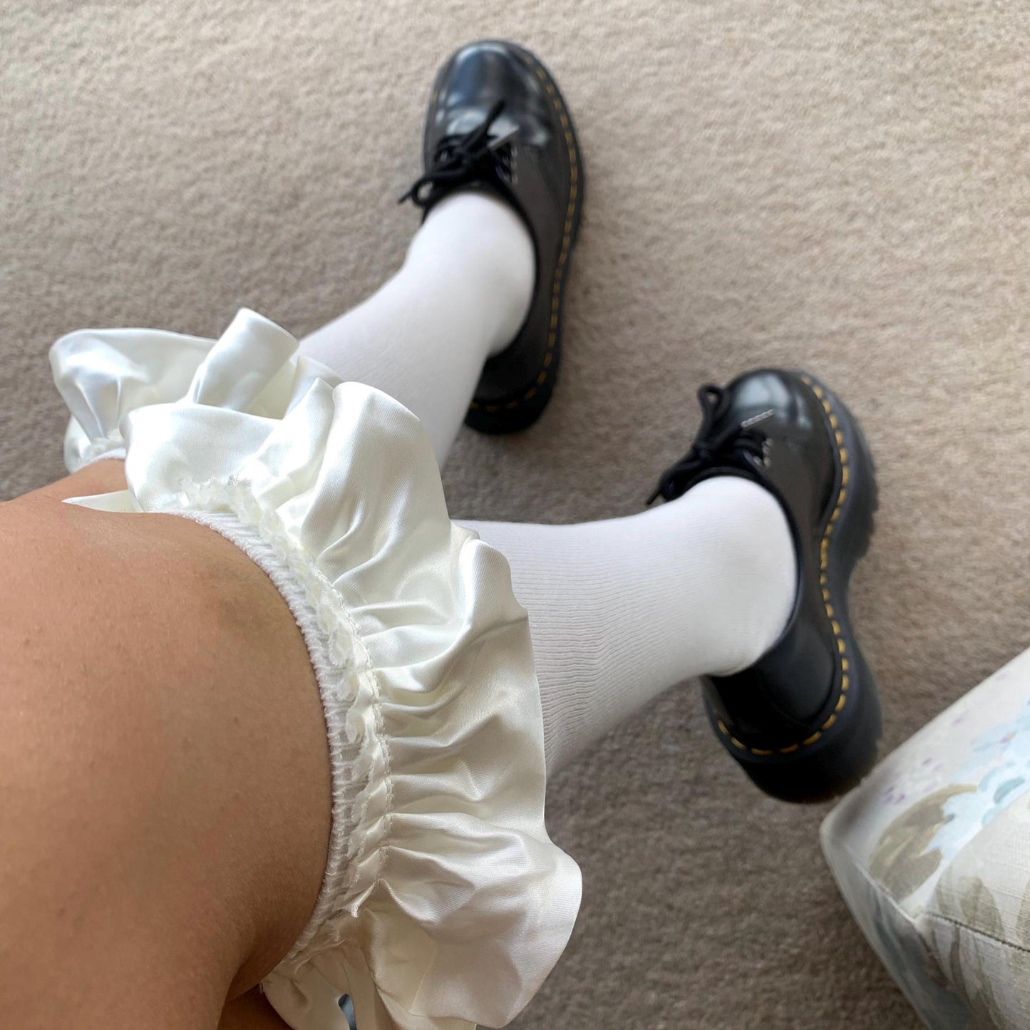 White Cotton Knee High Socks with Satin Ruffle - socks