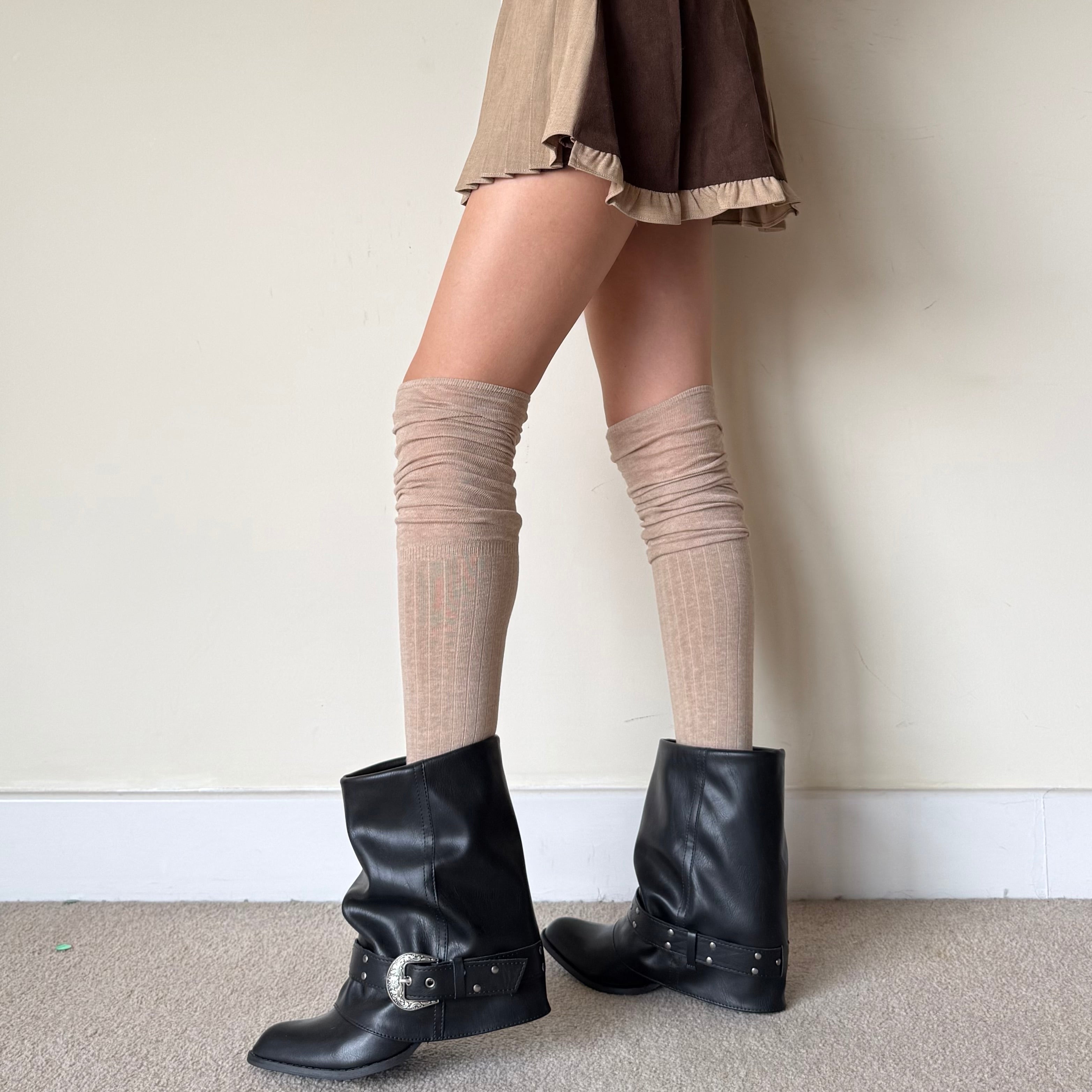 Oatmeal Brown Striped Knee High Socks with Slouchy Trim (64cm)