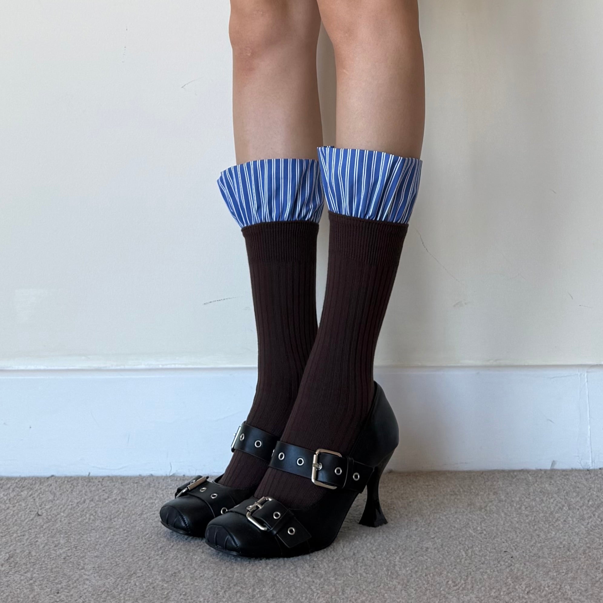 Chocolate Brown Ribbed Knee-High Socks with Blue Striped Ruffle Cuff