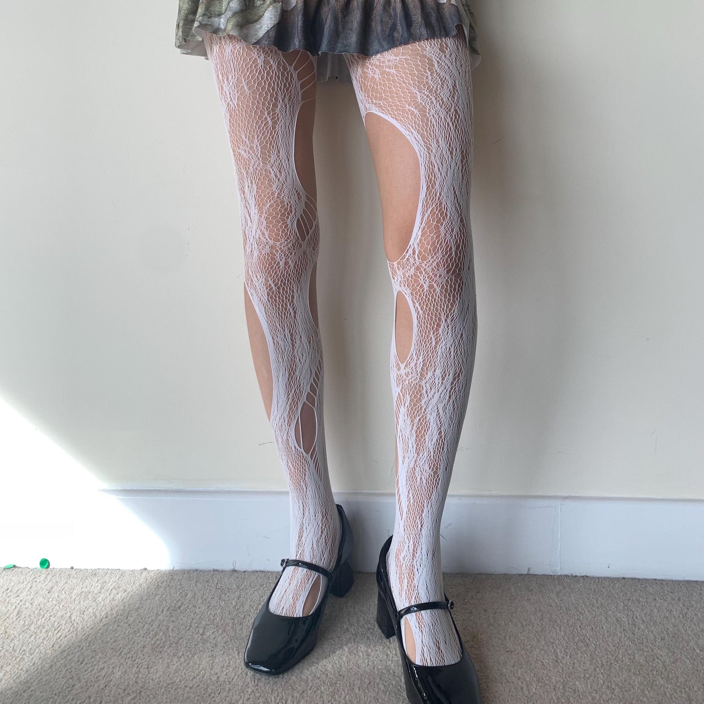 White Distressed Floral Fishnet Tights - tights