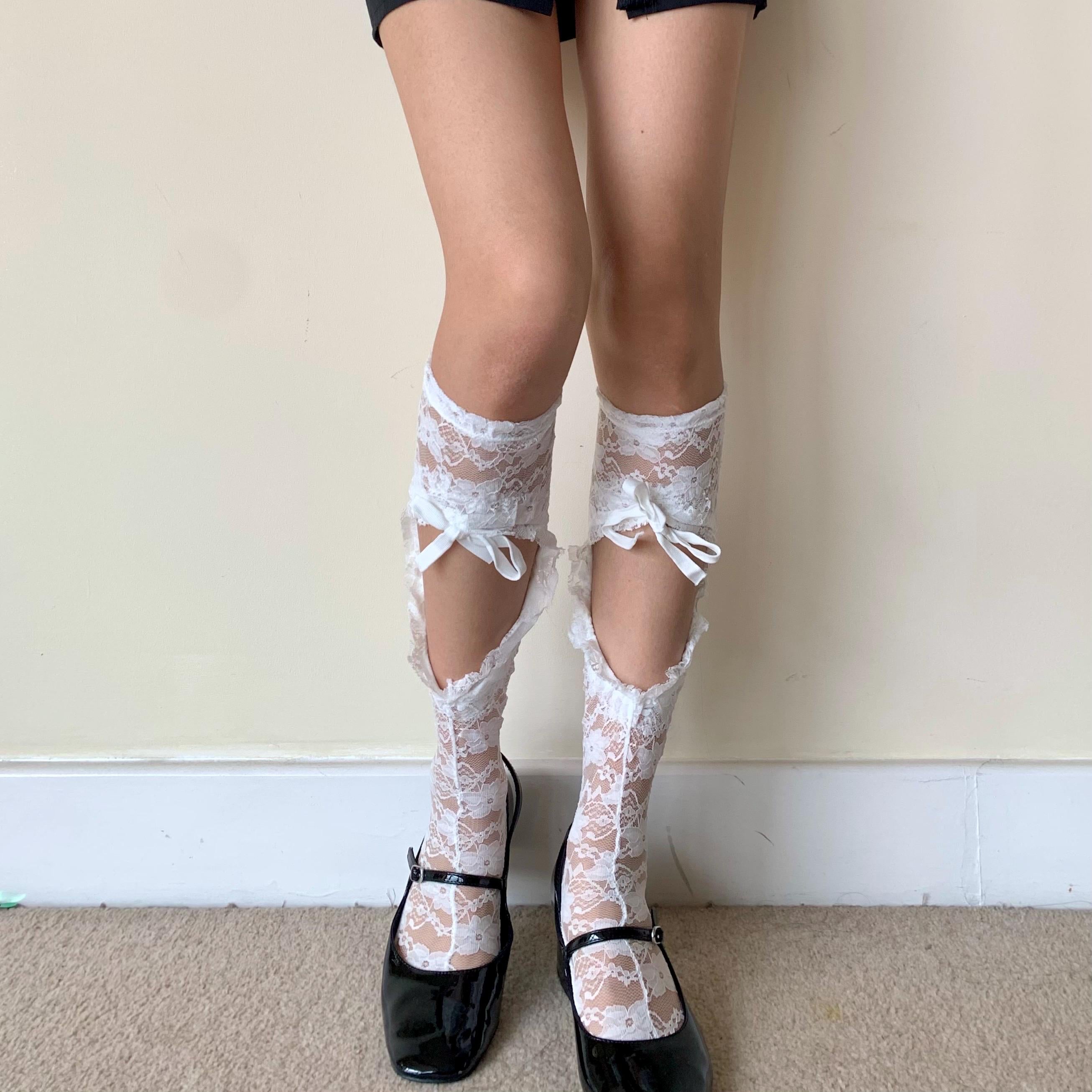 White Floral Knee-High Lace Socks with Heart Cutout Detail