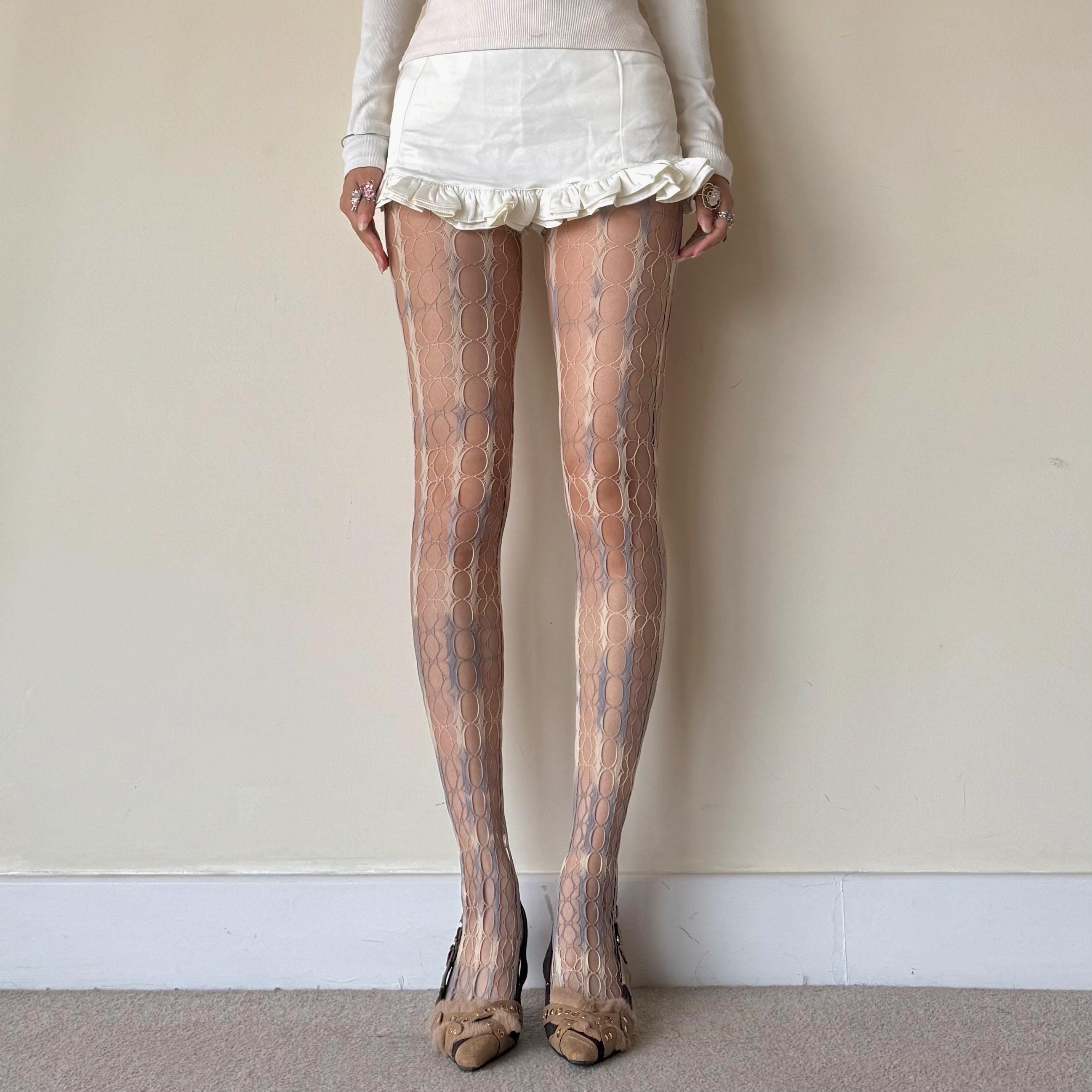 Yellow & Blue Tie-Dye Gradient Distressed Hollow Fishnet Tights - tights