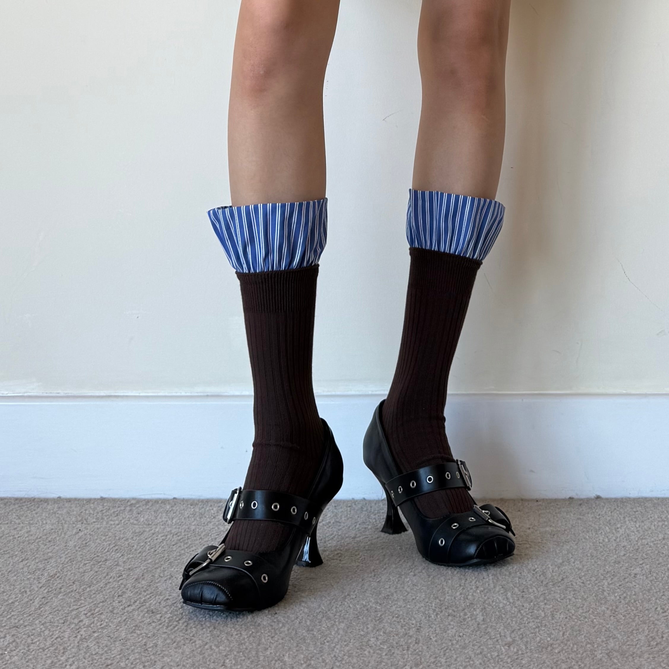 Chocolate Brown Ribbed Knee-High Socks with Blue Striped Ruffle Cuff