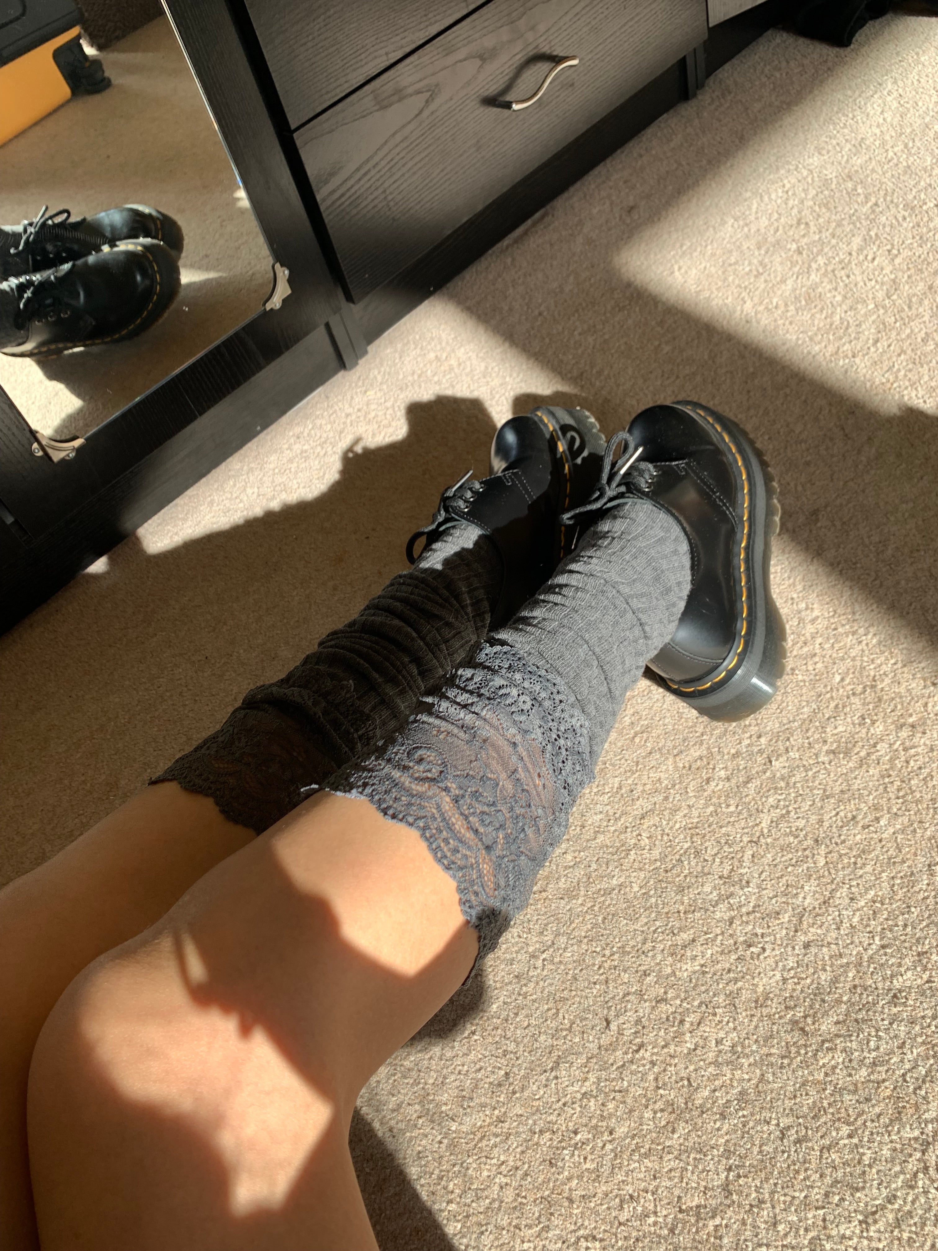 Grey Knee-High Cotton Socks with Floral Lace Trim