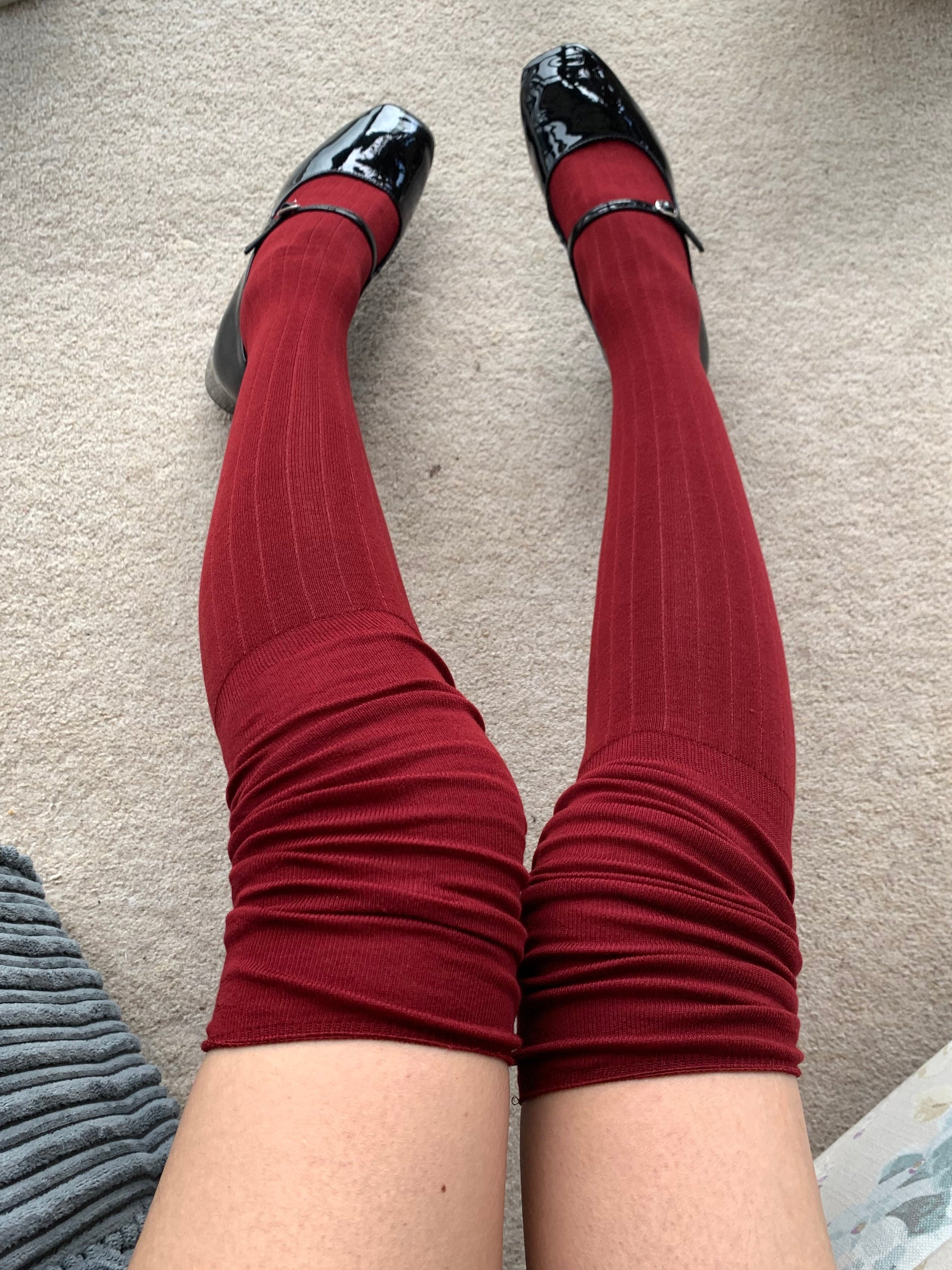 Burgundy Striped Knee High Socks with Slouchy Trim (64cm)