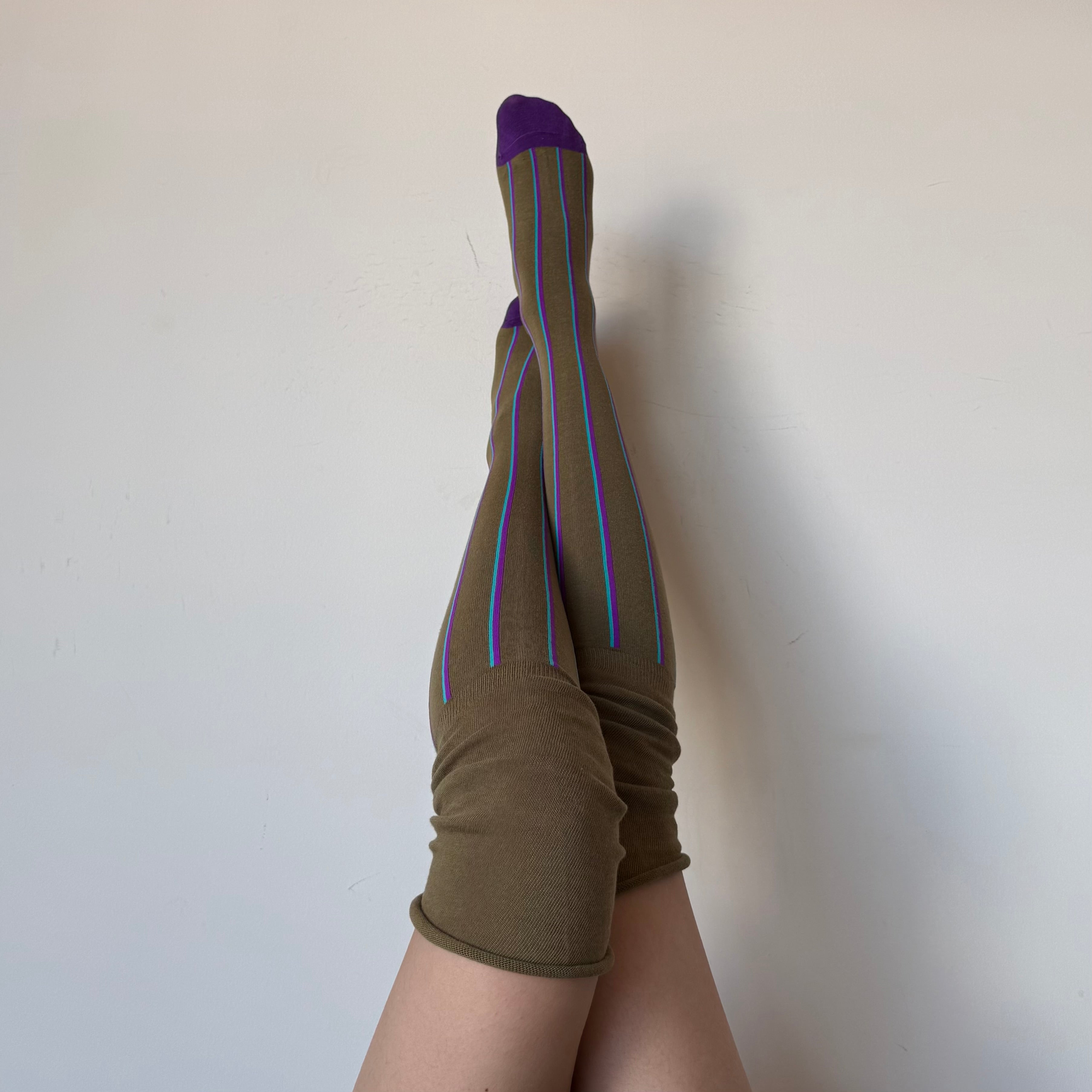 Olive Green Slouchy Over-the-Knee Socks with Stripe Detail