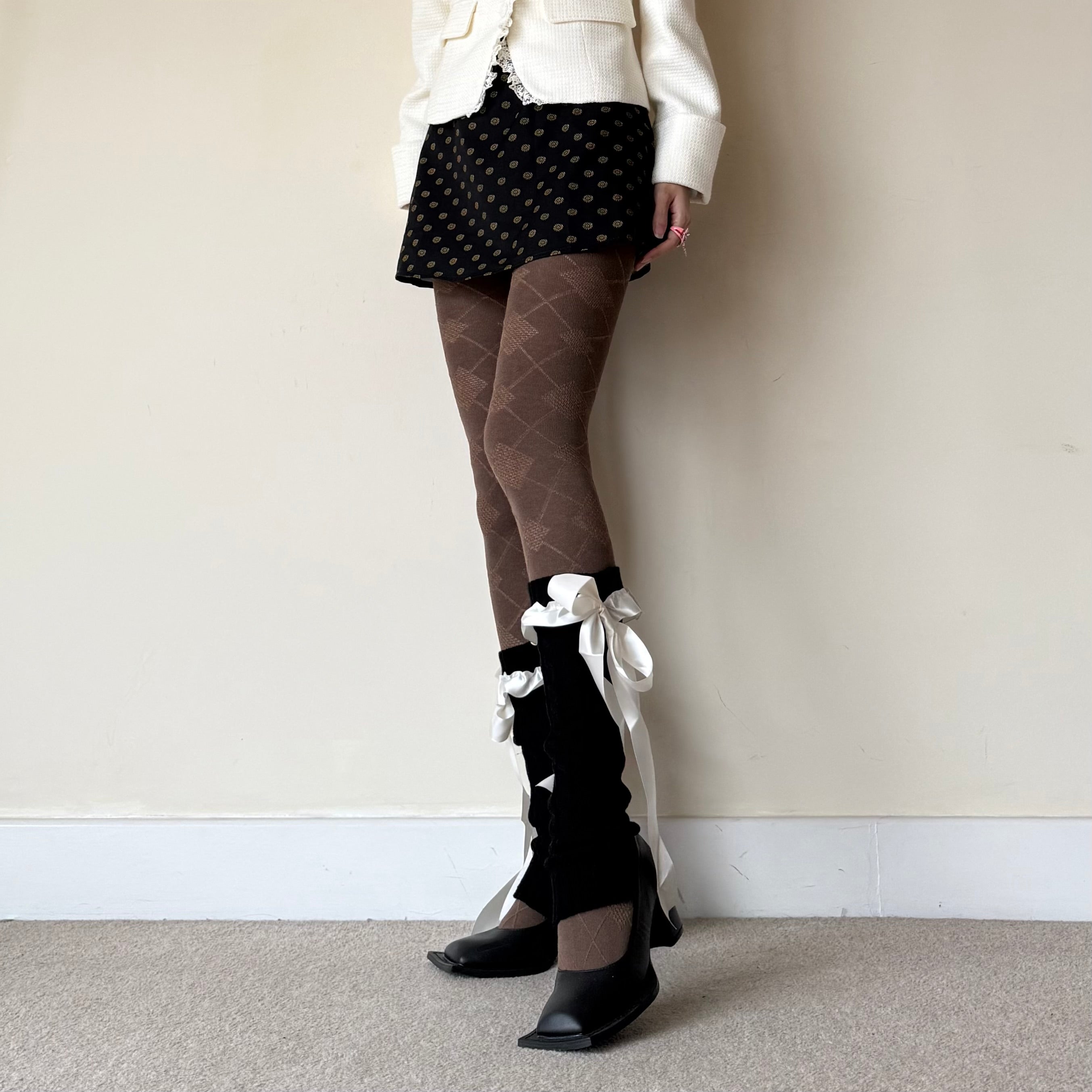 Black Knit-Style Leg Warmers with White Lace Frill & Bow Ribbon