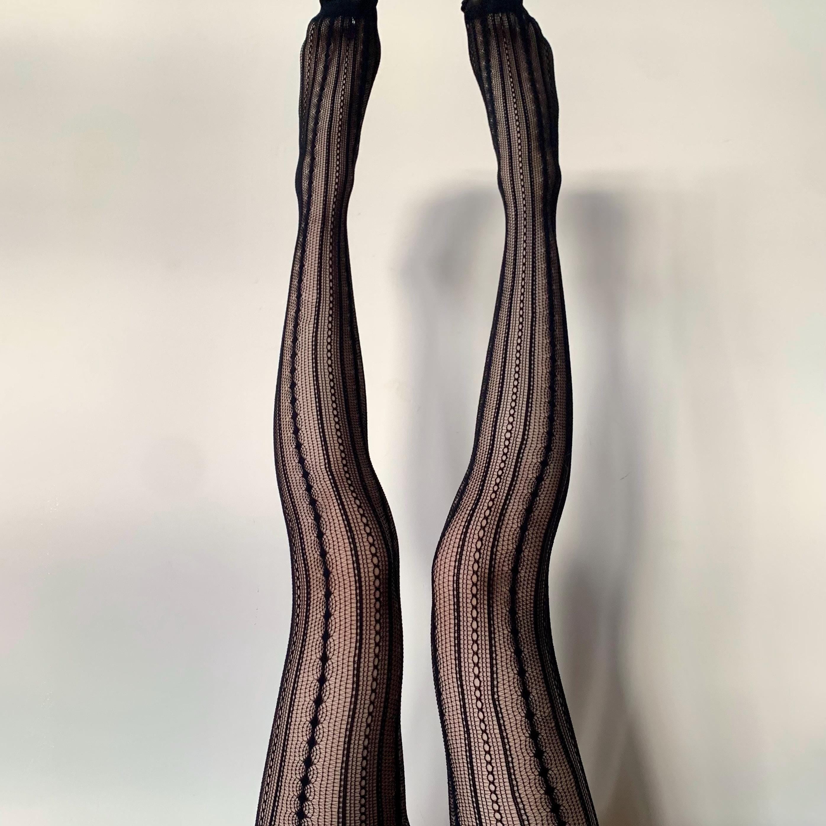 Black Geometric Striped Fishnet Tights