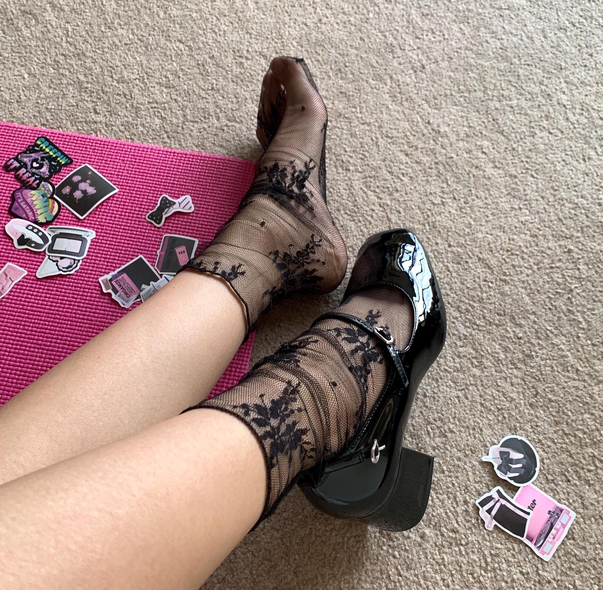 Black Floral Lace Tulle Socks - socks