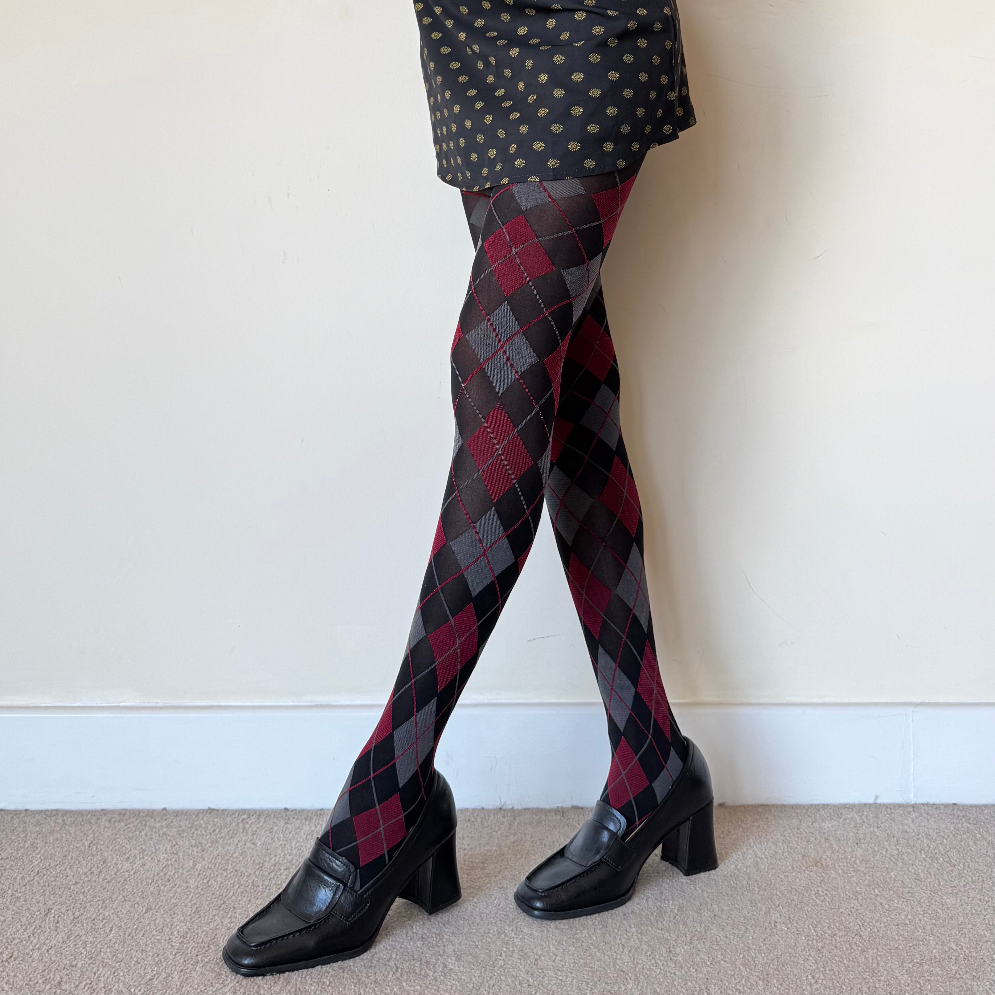 Burgundy Grey & Black Argyle Pattern Tights 50D