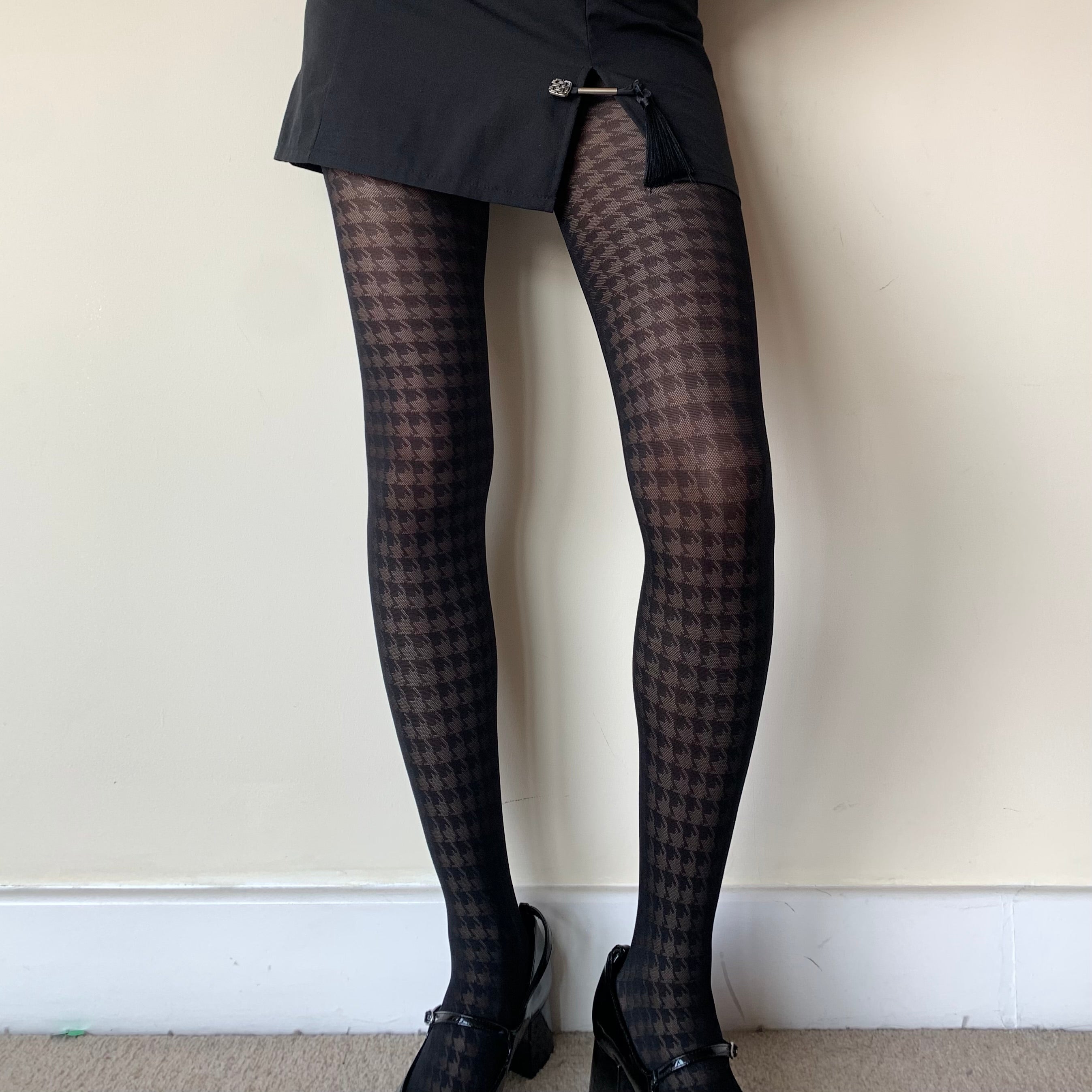 Black Houndstooth Sheer Lace Tights 30D