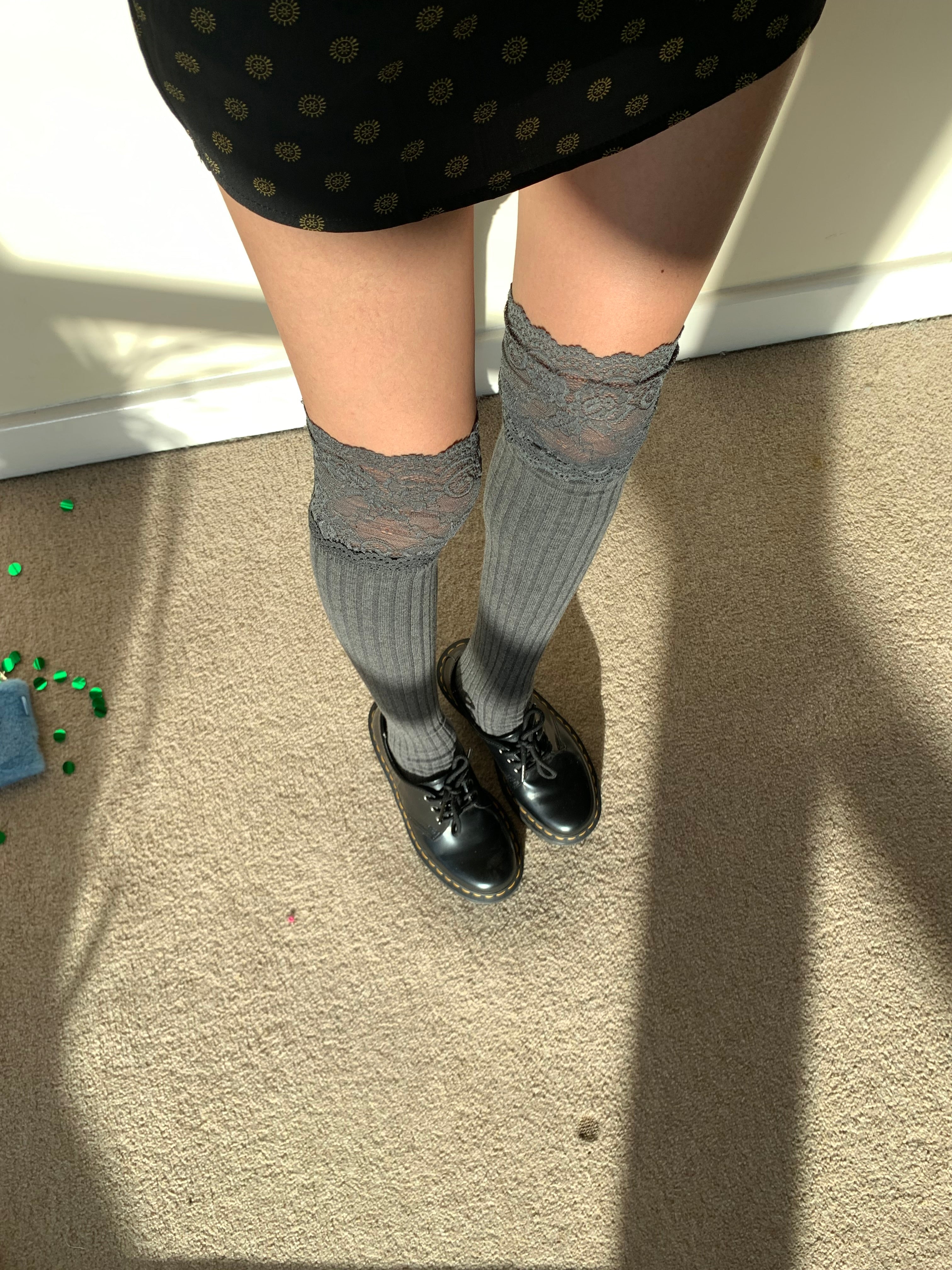 Grey Knee-High Cotton Socks with Floral Lace Trim