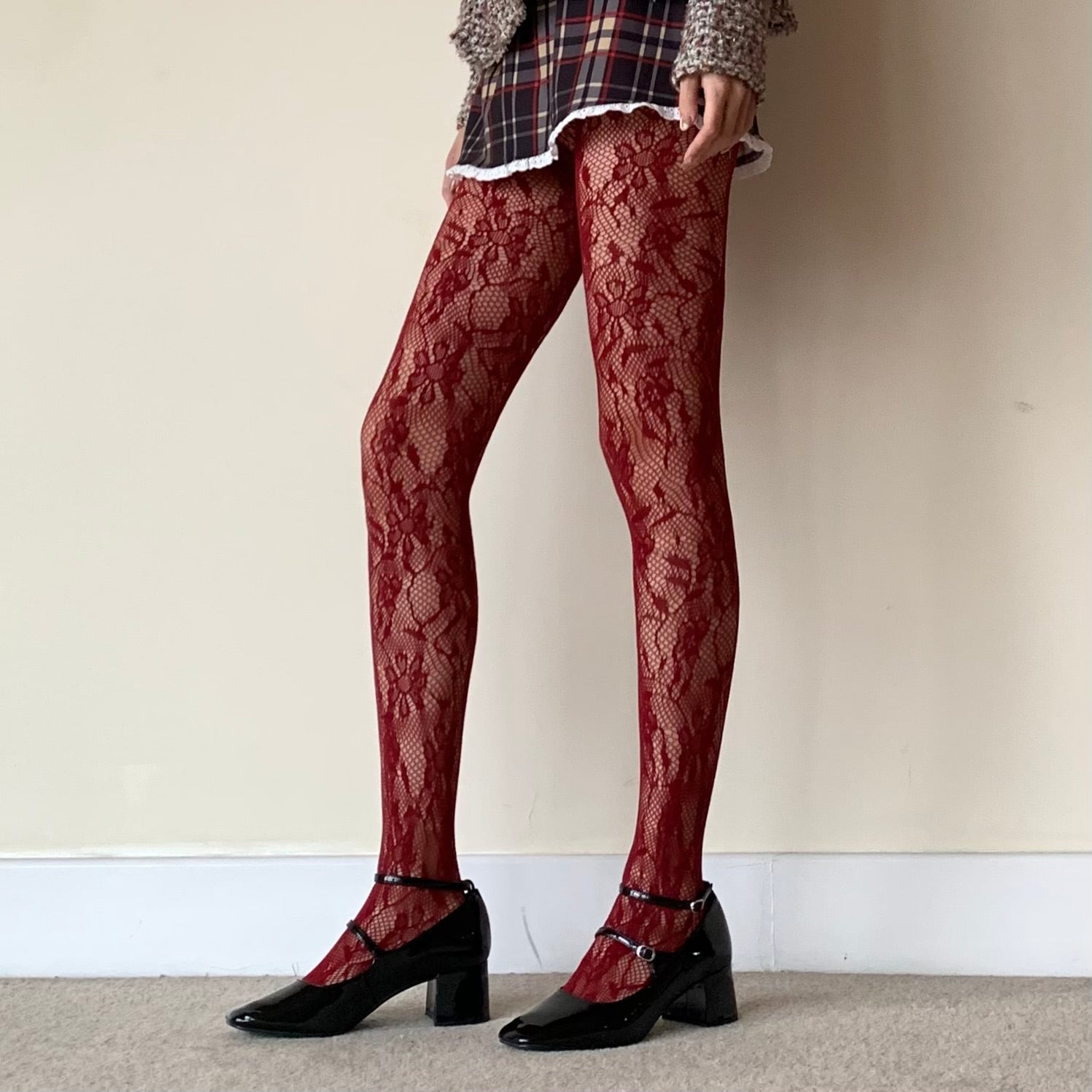 Burgundy Flora Fishnet Tights