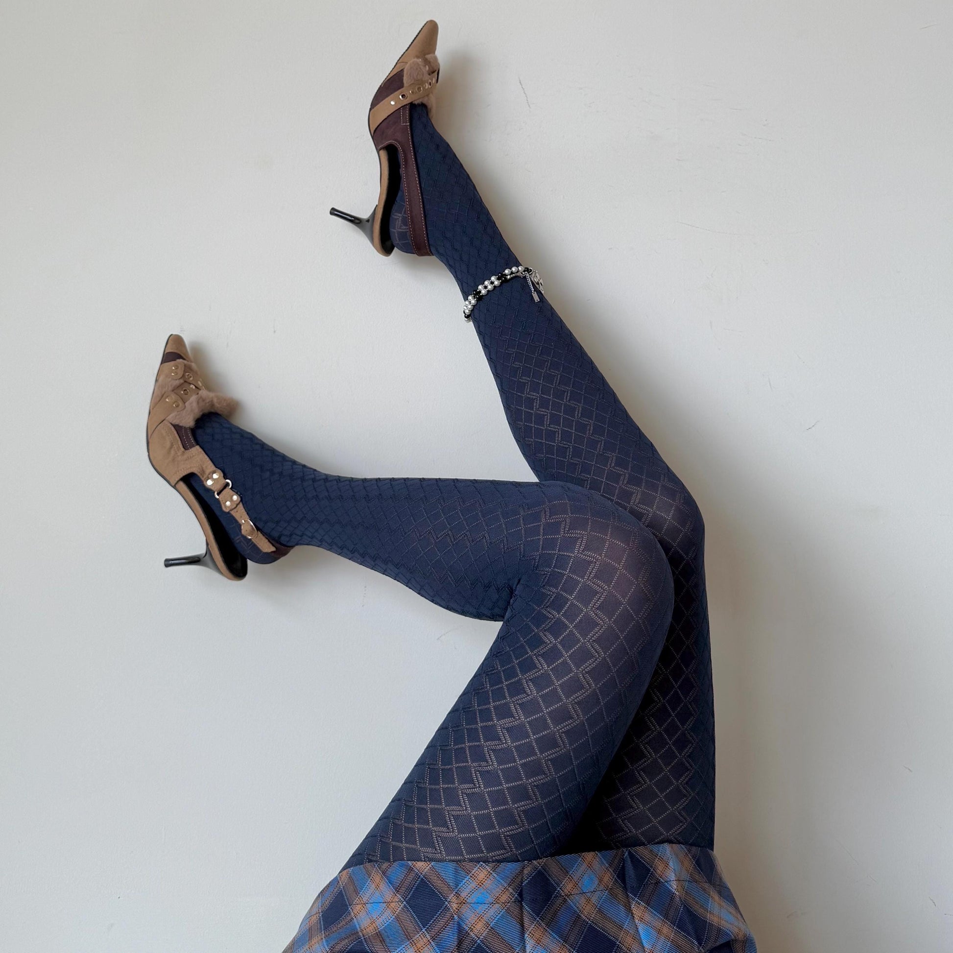 Dark Navy Blue Velvet 3D Crisscross Tights 110D - tights