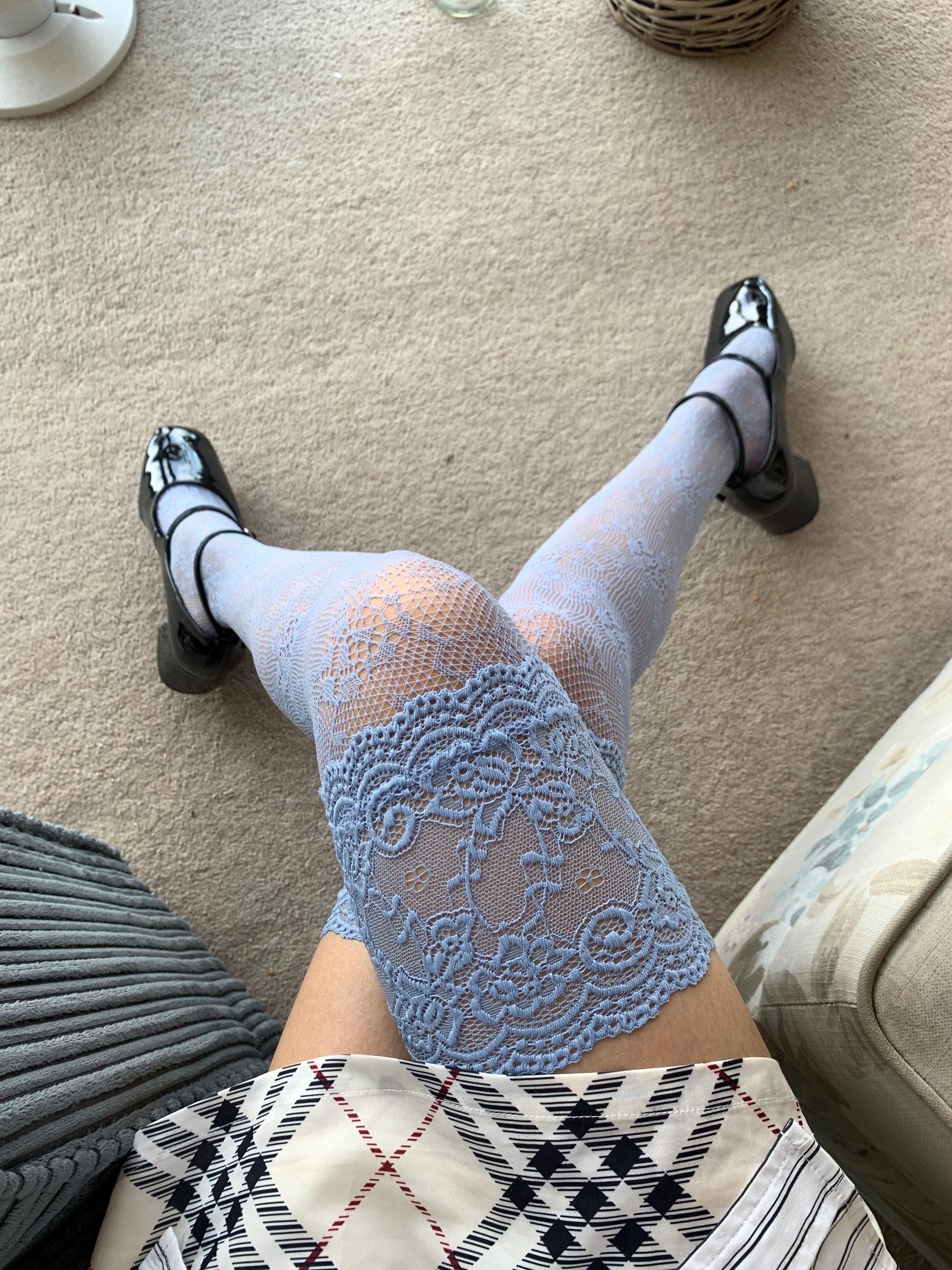 Blue Thigh High Hold-up Rose Pattern Fishnet Stockings with Lace Trim - stockings