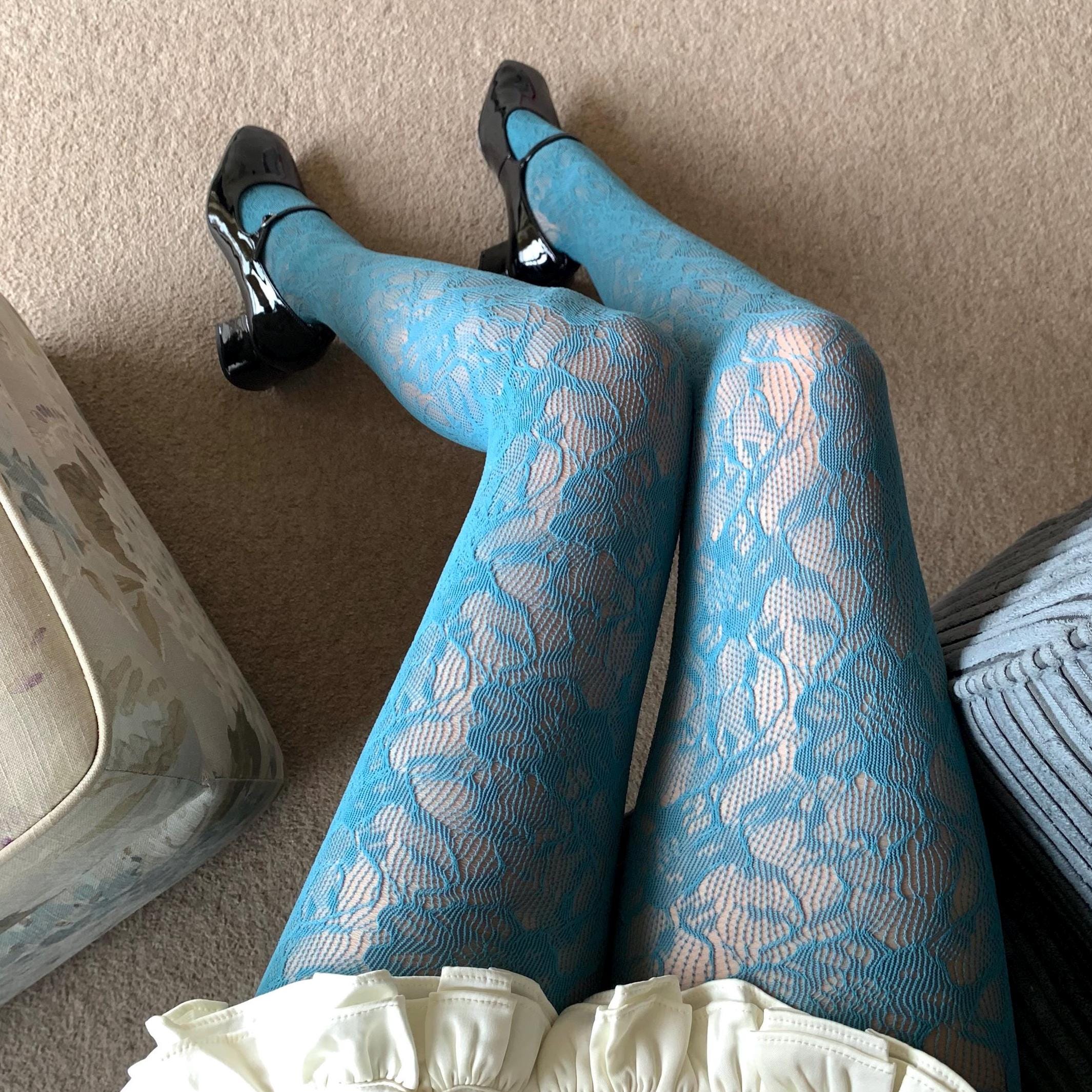 Blue Teal Floral Pattern Fishnet Tights