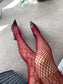 Burgundy Red Asymmetrical Mismatched Floral Fishnet Tights
