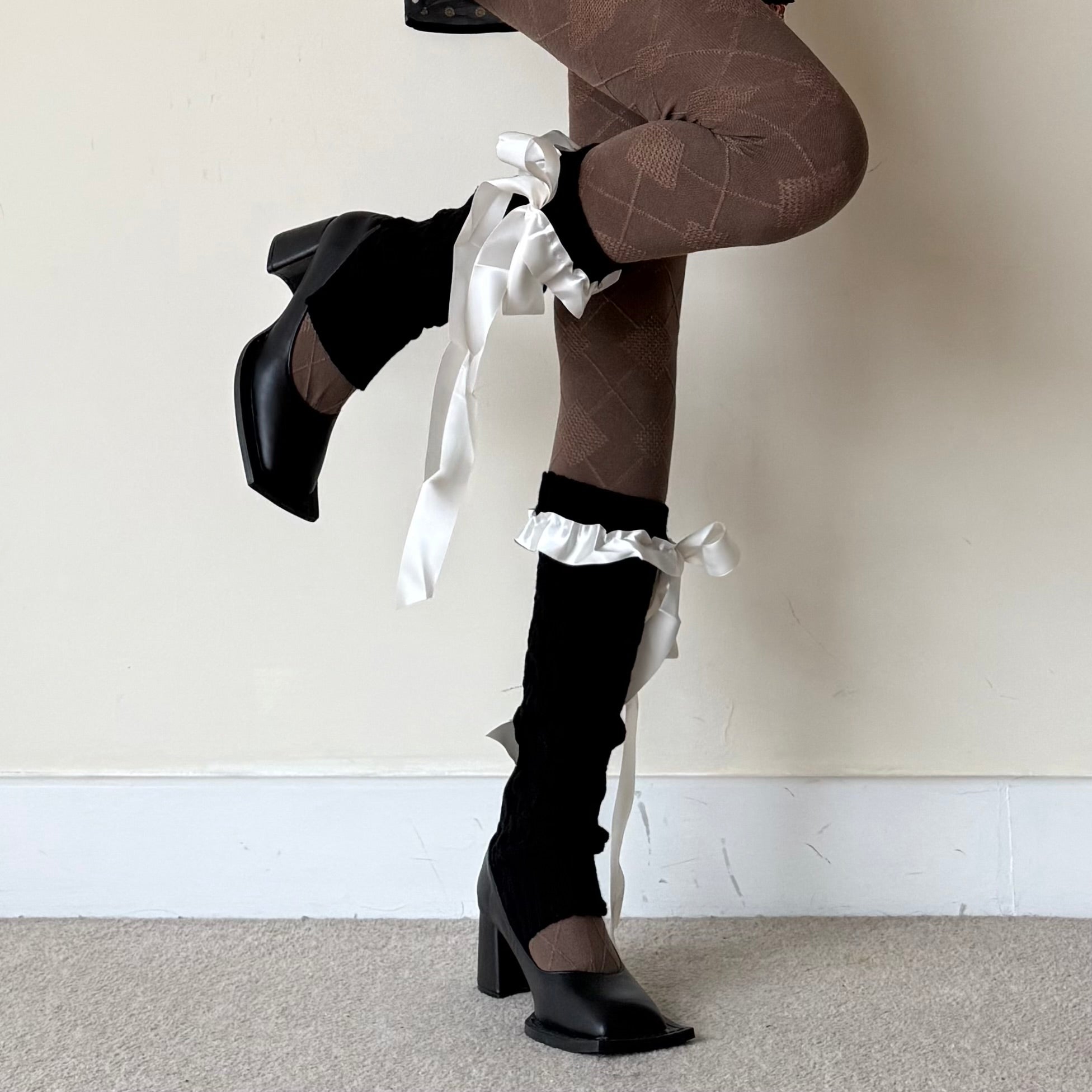Black Knit-Style Leg Warmers with White Lace Frill & Bow Ribbon