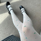 Cream White Velvet Tights with Pink Cherry Print 120D