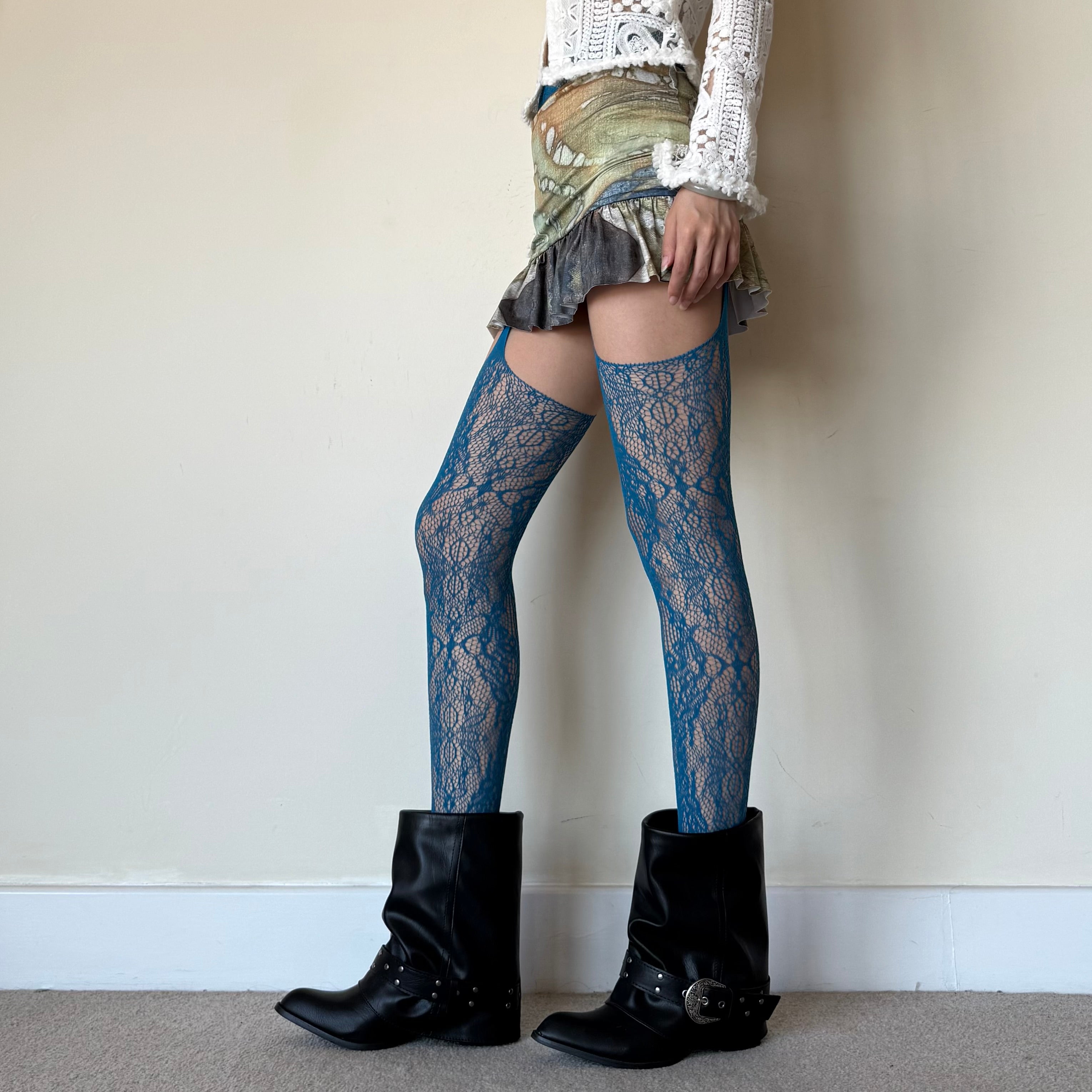 Blue Floral Fishnet Suspender Tights