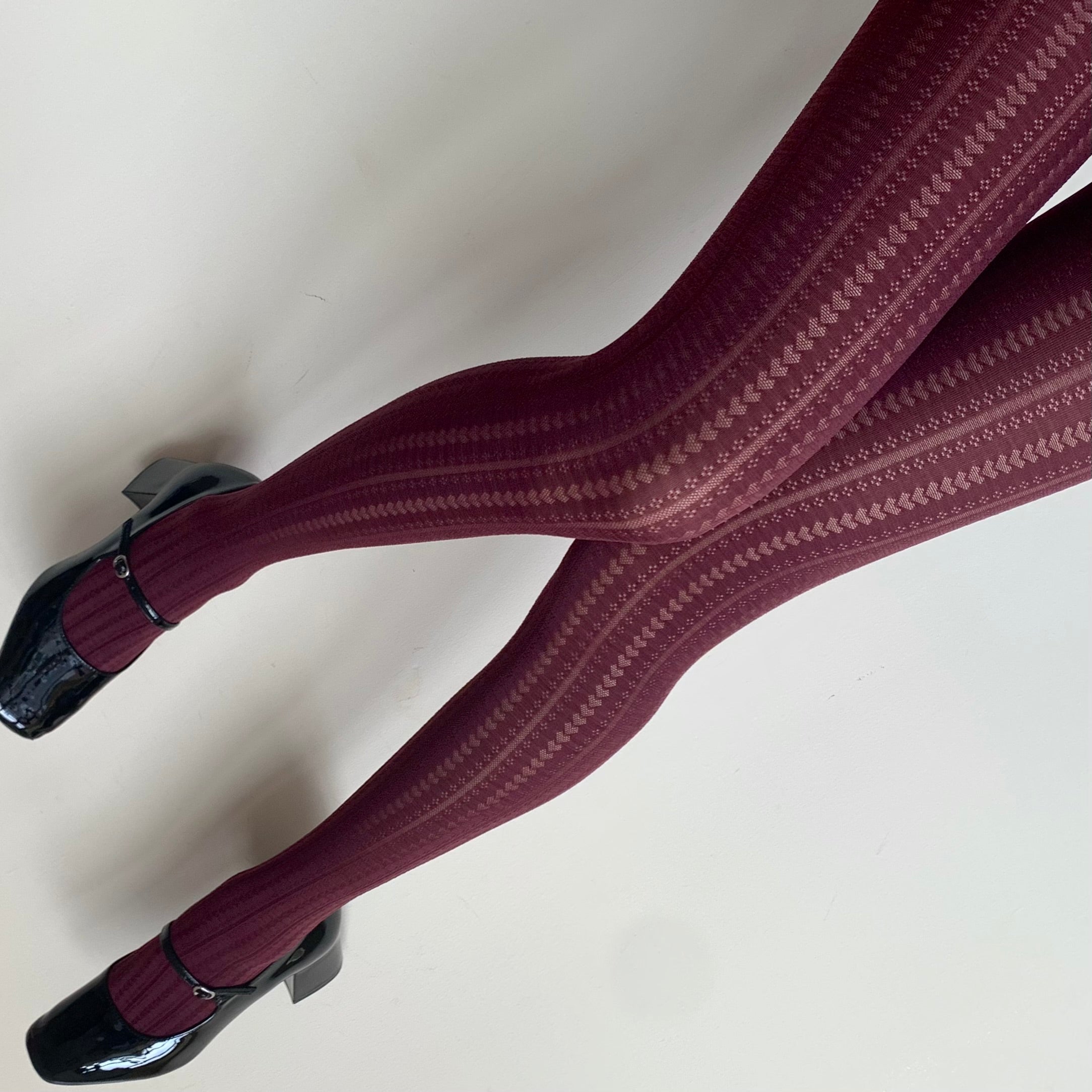 Burgundy Red Heart Striped Velvet Tights 70D