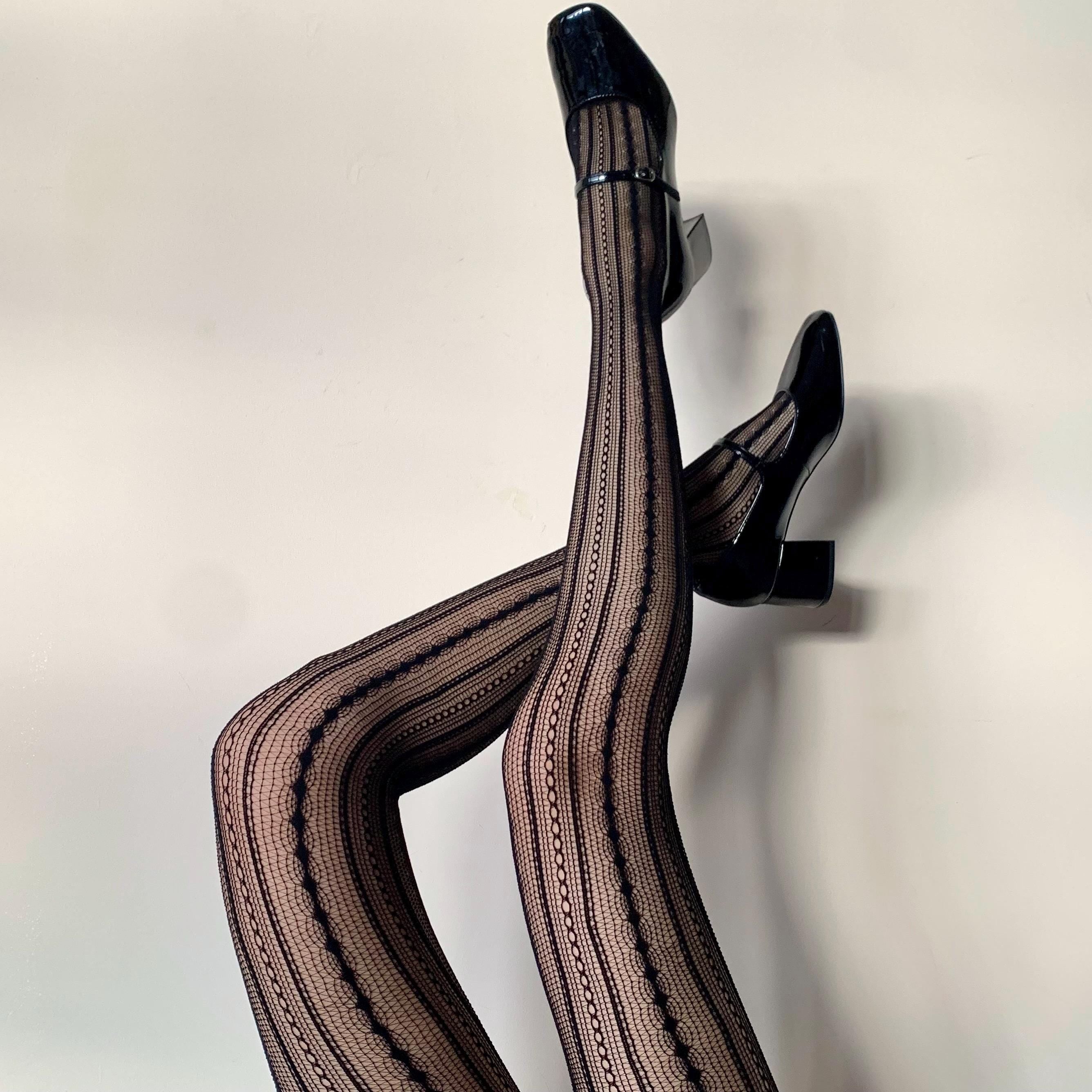 Black Geometric Striped Fishnet Tights