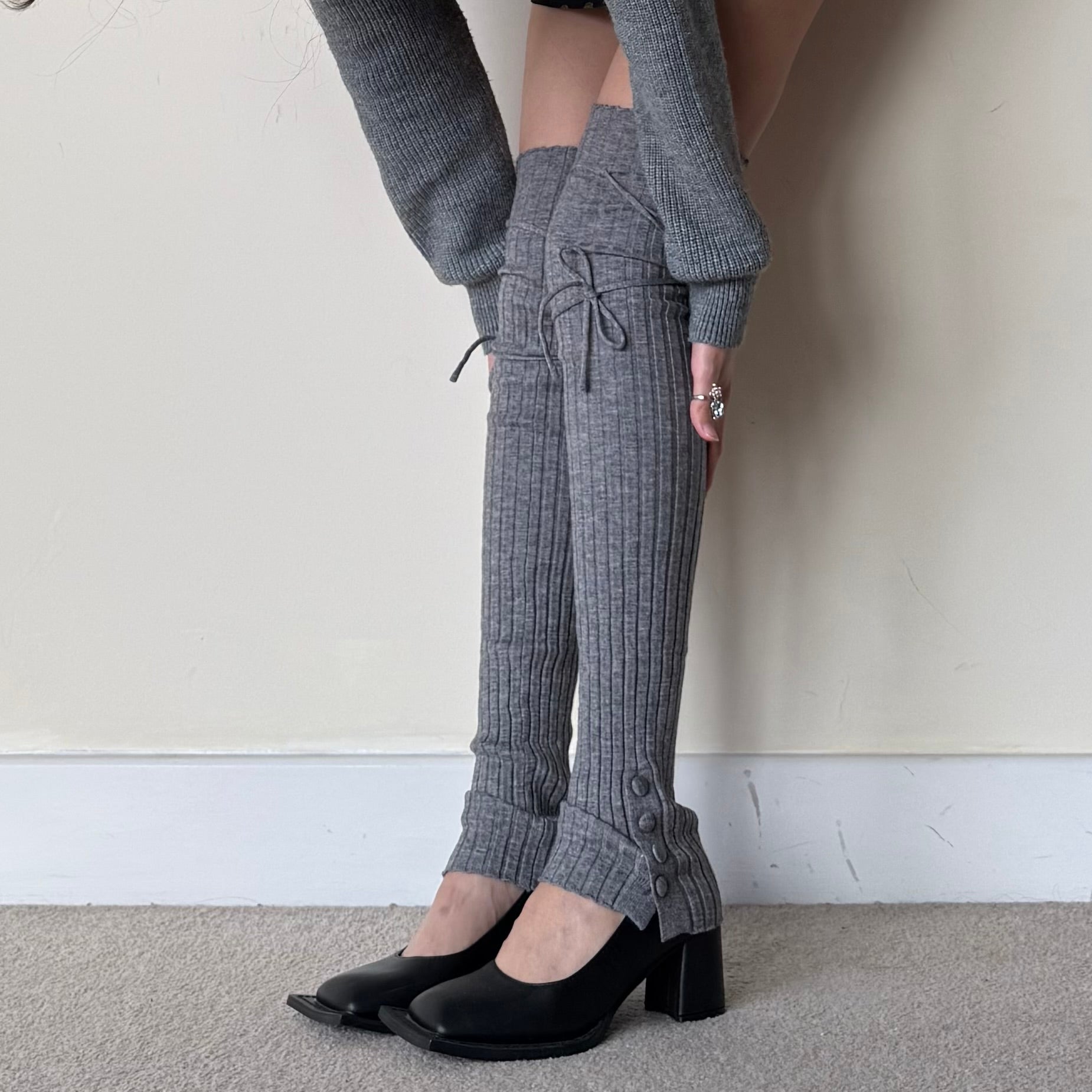 Balletcore Ribbed Wool Blend Leg Warmers with Side Tie & Button Detail