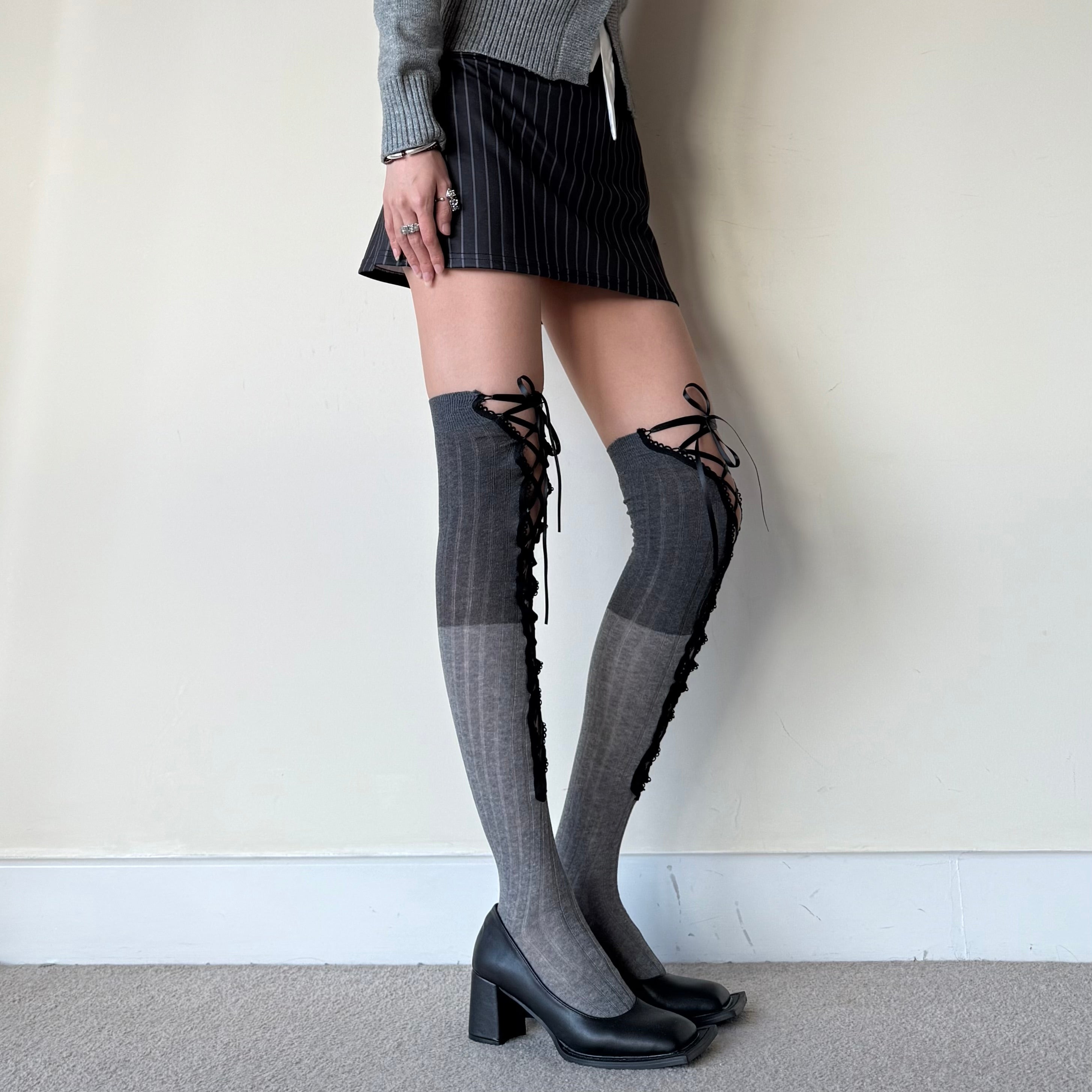 Two-Tone Grey & Silver Corset Lace-Up Thigh High Cotton Socks