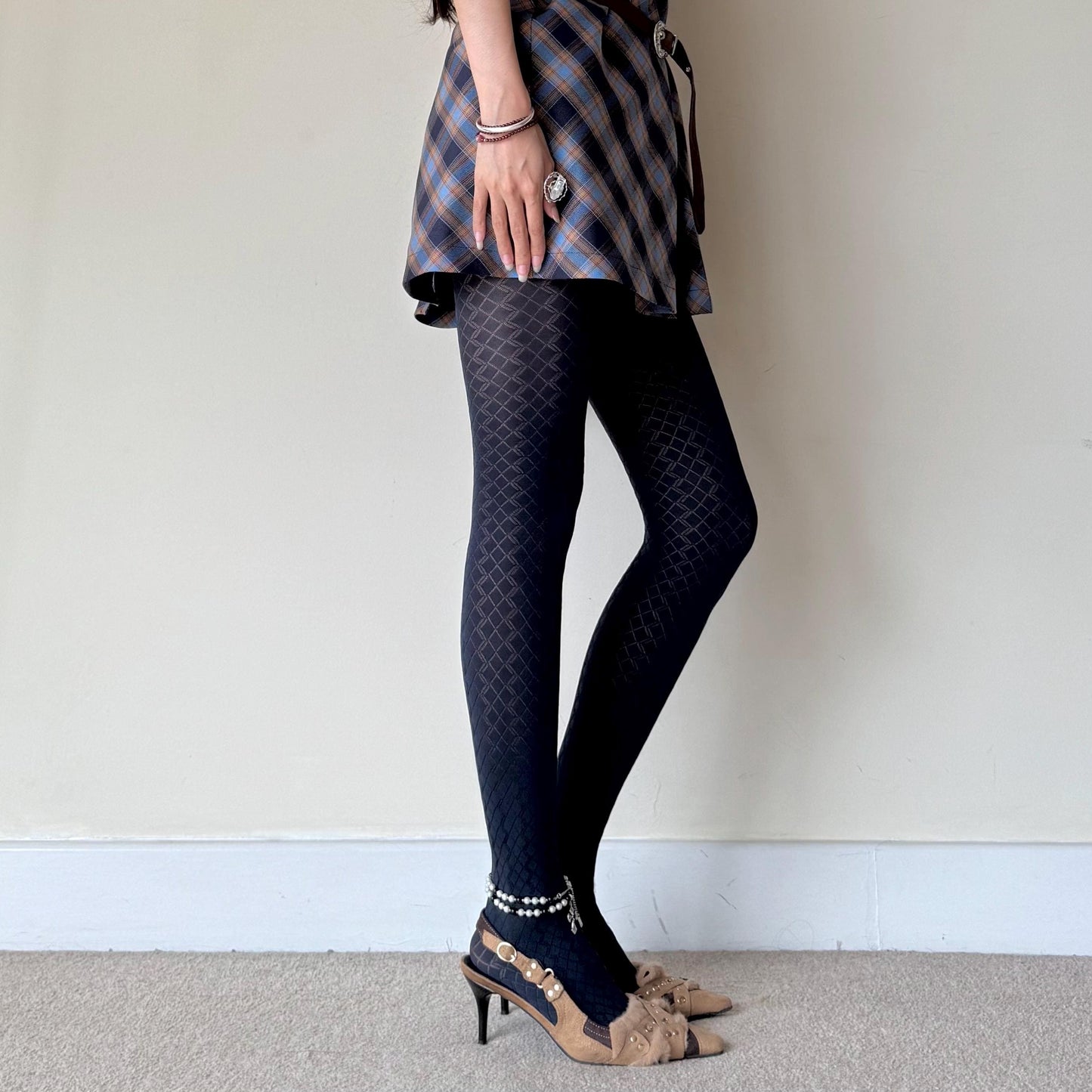 Dark Navy Blue Velvet 3D Crisscross Tights 110D - tights