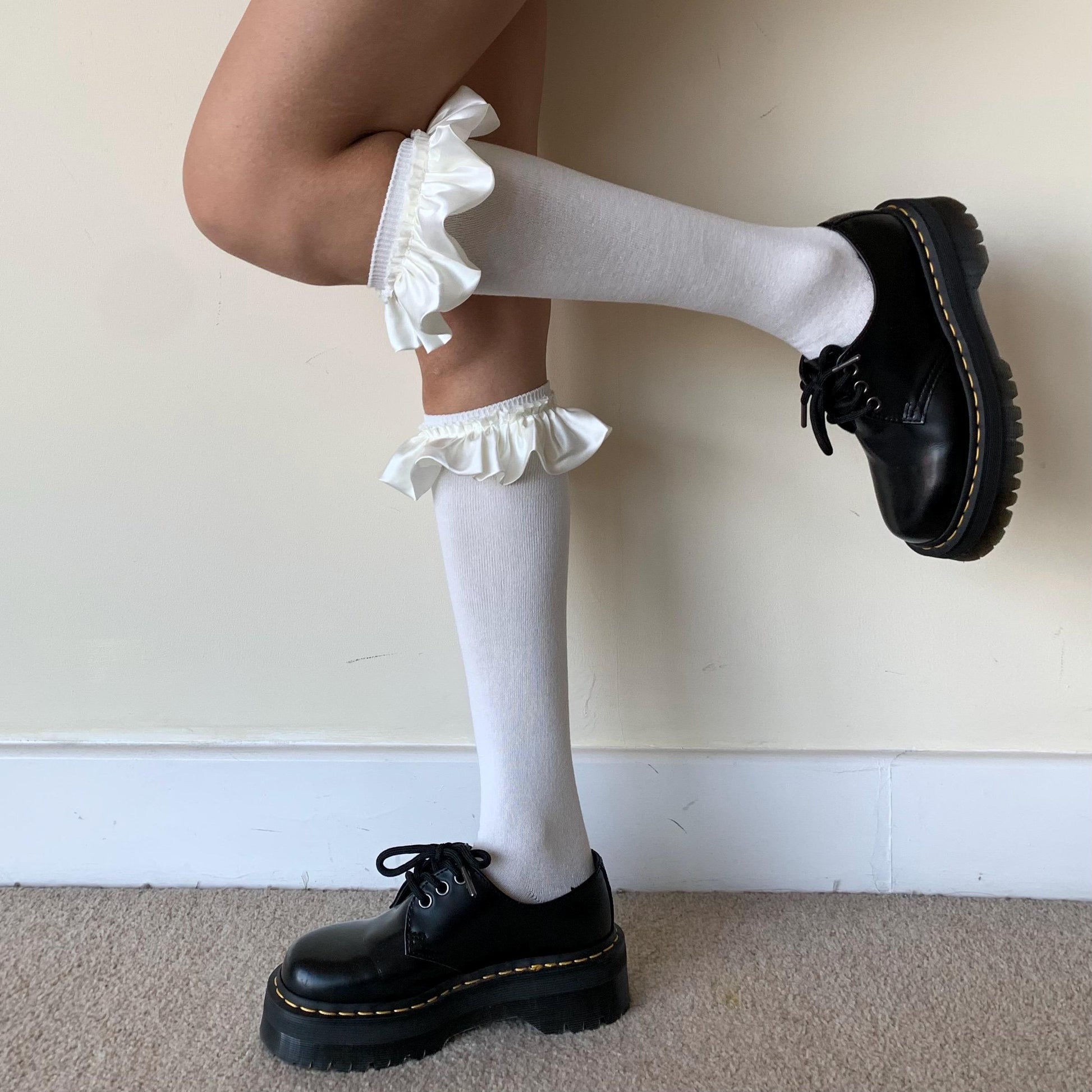 White Cotton Knee High Socks with Satin Ruffle - socks
