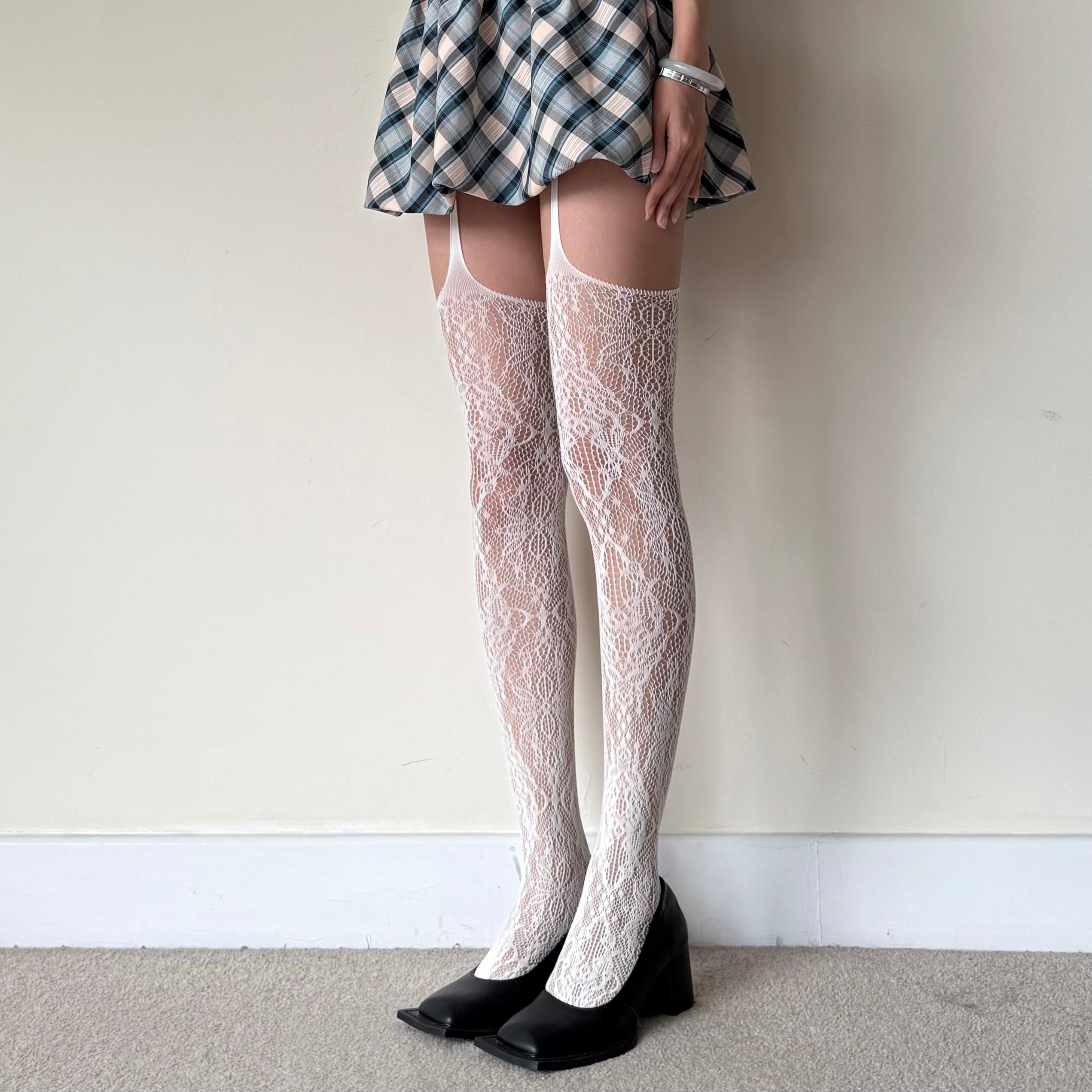 White Floral Fishnet Suspender Tights