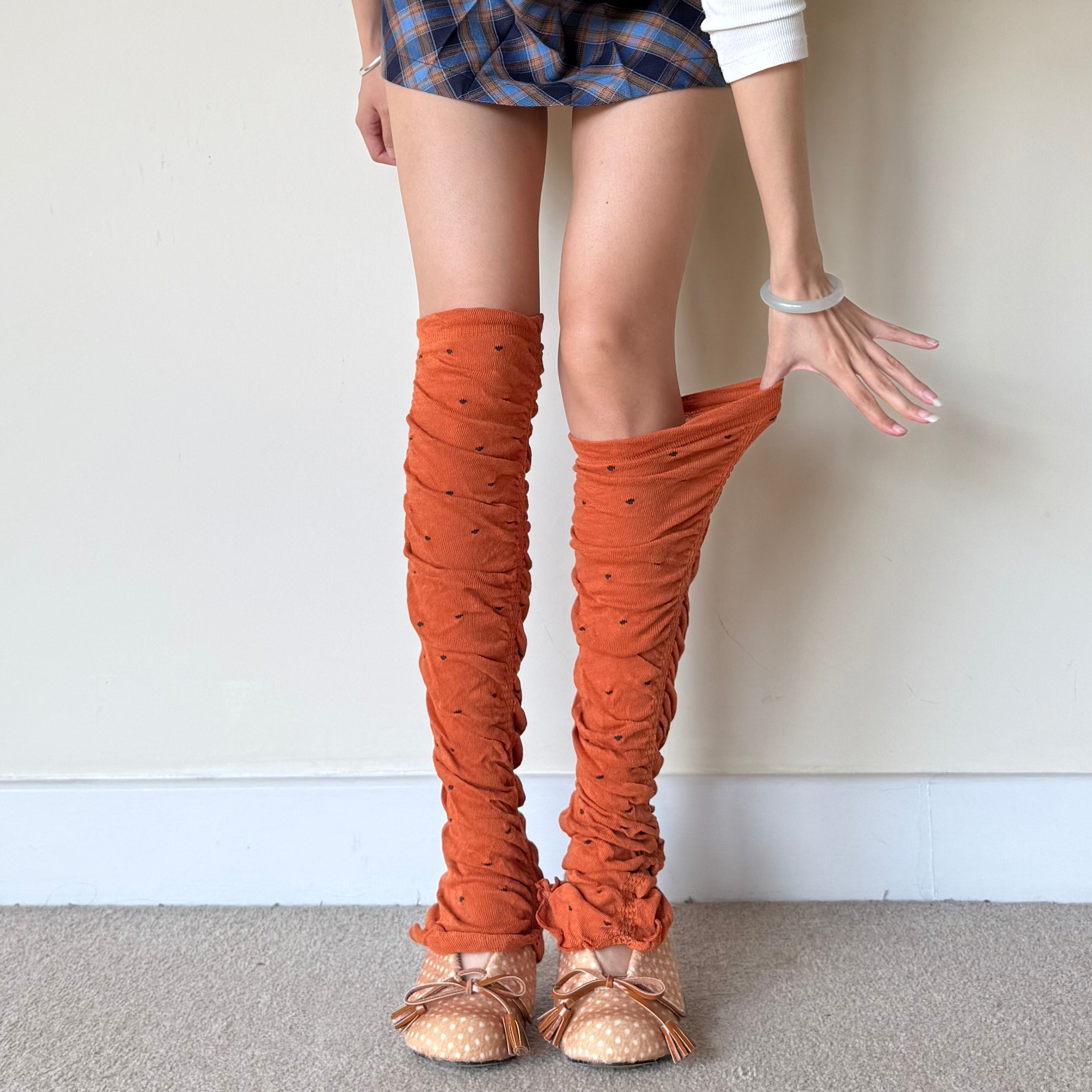 Orange Sheer Polka Dot Ruched Leg Warmers (approx. 62 cm)