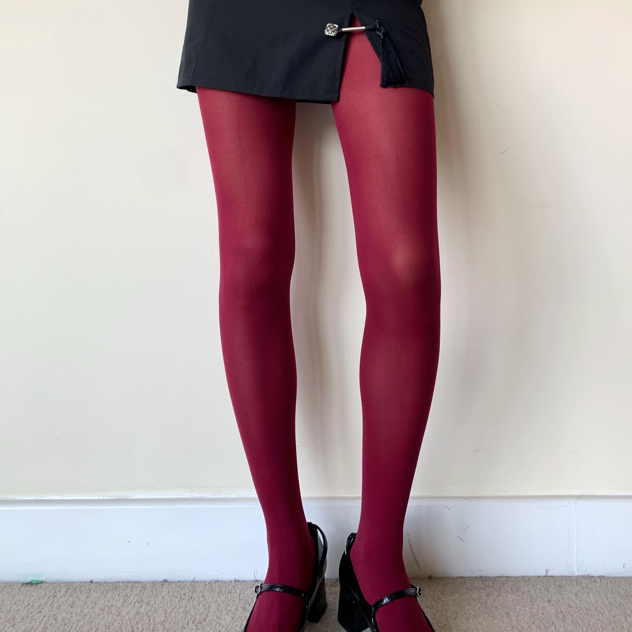 Burgundy Solid Color Opaque Velvet Tights