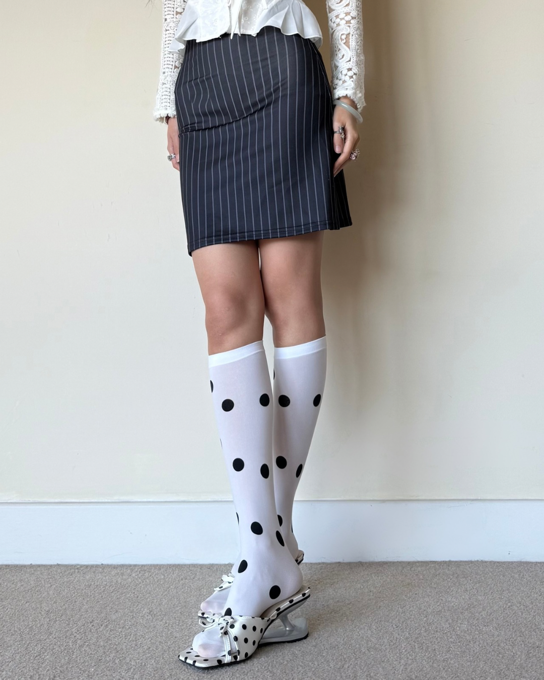 White Large Polka Dot Knee-High Socks