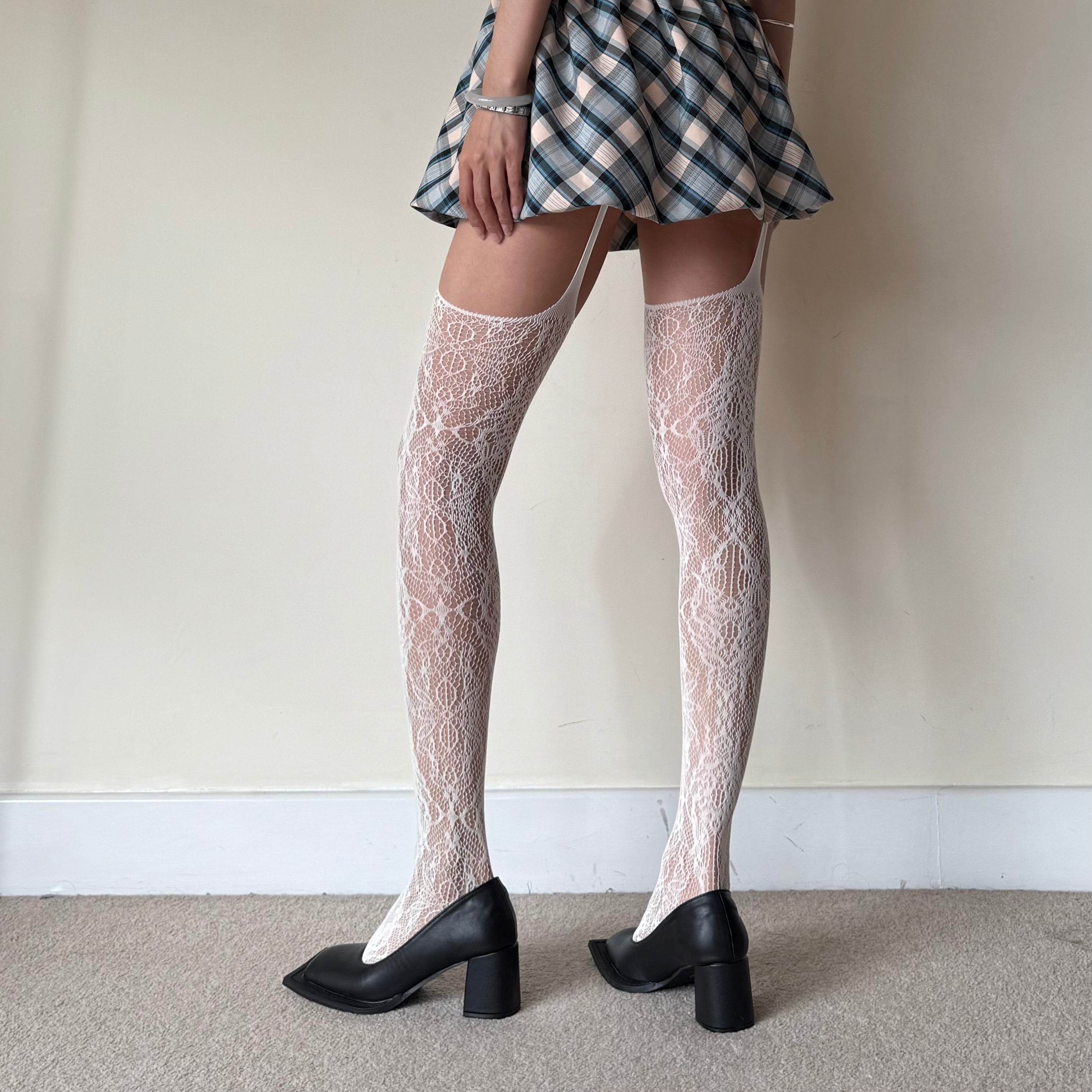 White Floral Fishnet Suspender Tights
